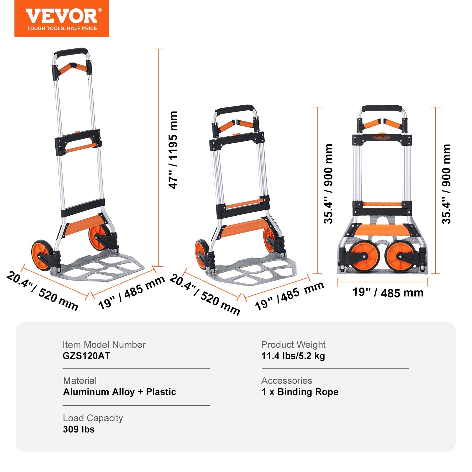 Sulankstomas transportavimo vežimėlis VEVOR GZS120AT, 140 kg
