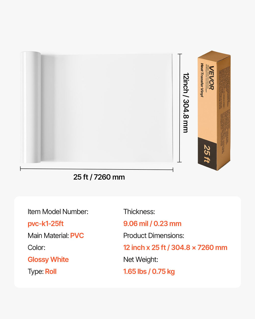 Termoplėvelė (HTV) VEVOR pvc-k1-25ft, 304,8 mm x 7,26 m
