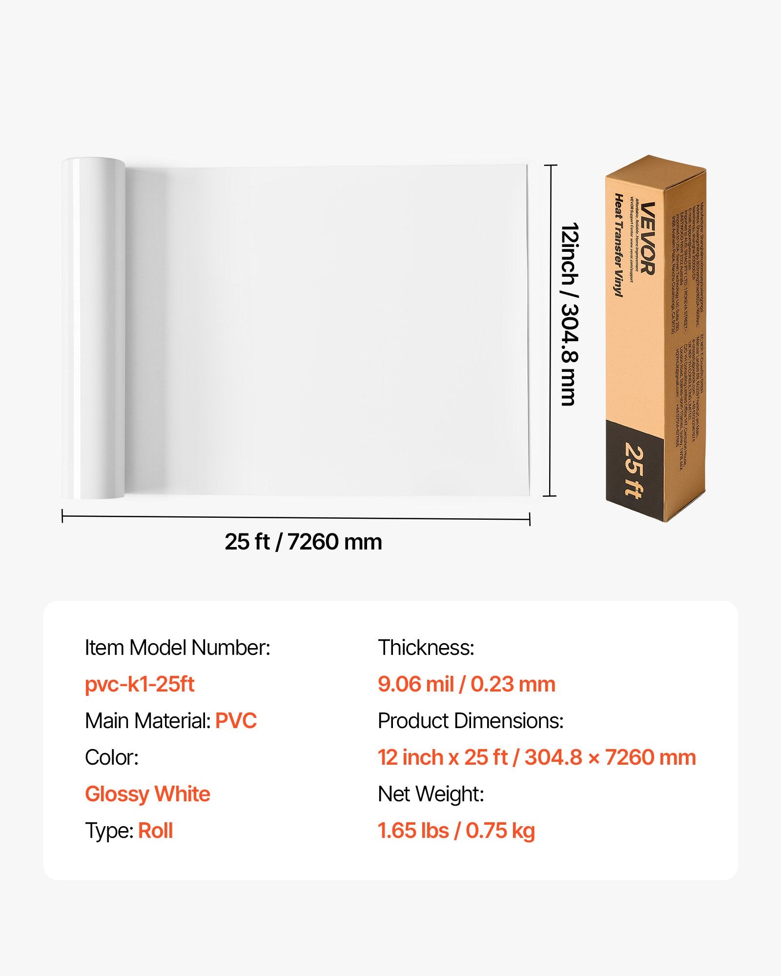 Termoplėvelė (HTV) VEVOR pvc-k1-25ft, 304,8 mm x 7,26 m