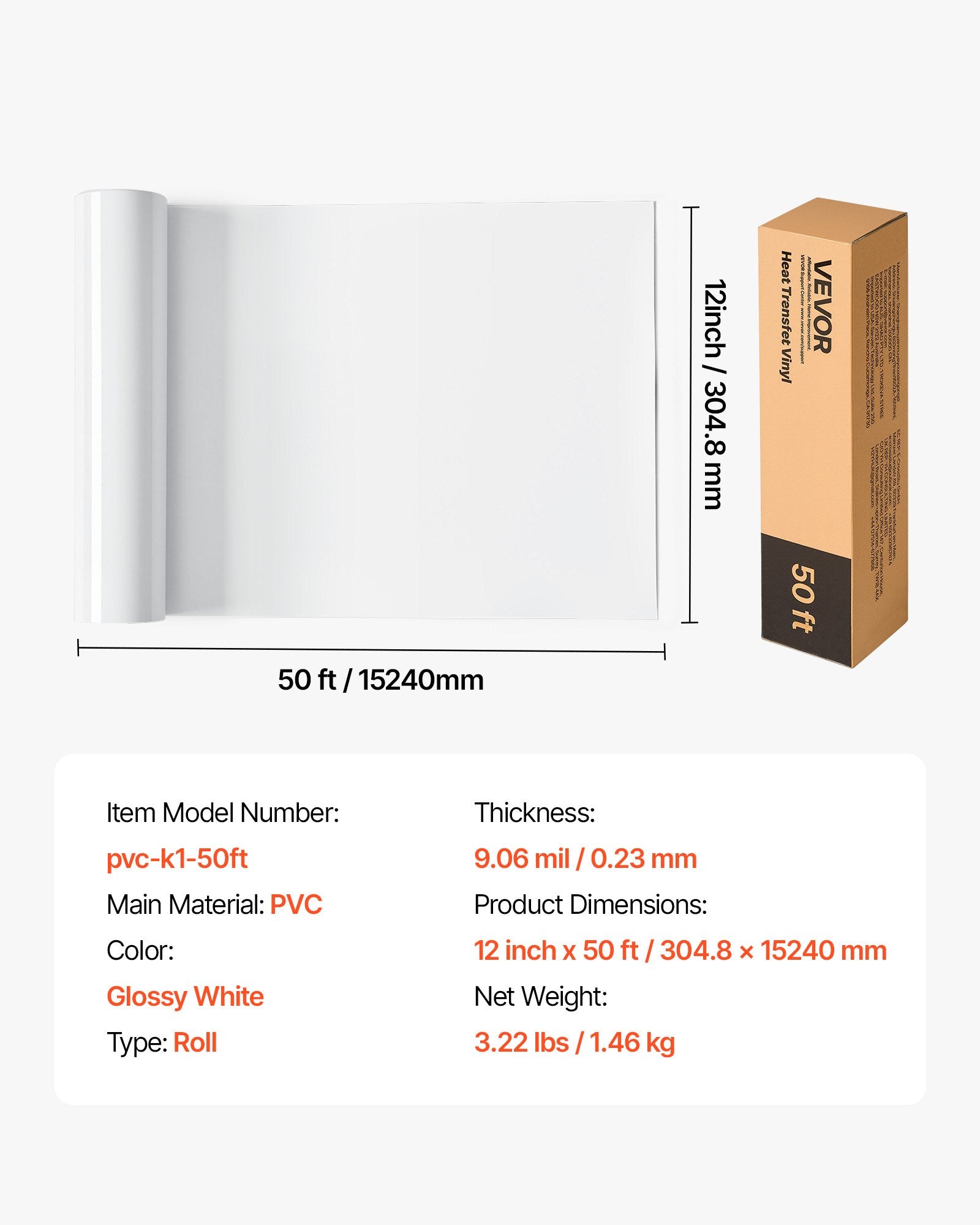 Termopervežimo plėvelė (HTV) VEVOR pvc-k1-50ft, 304,8 mm x 15,24 m, blizgi balta