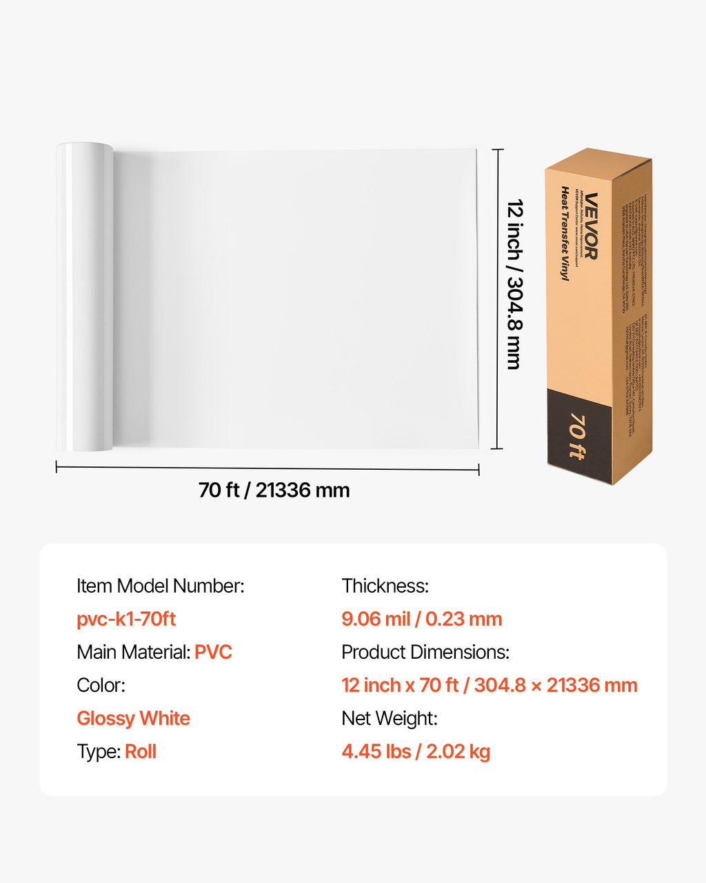 Termopernešimo plėvelė VEVOR pvc-k1-70ft, 30,5 cm x 21,3 m
