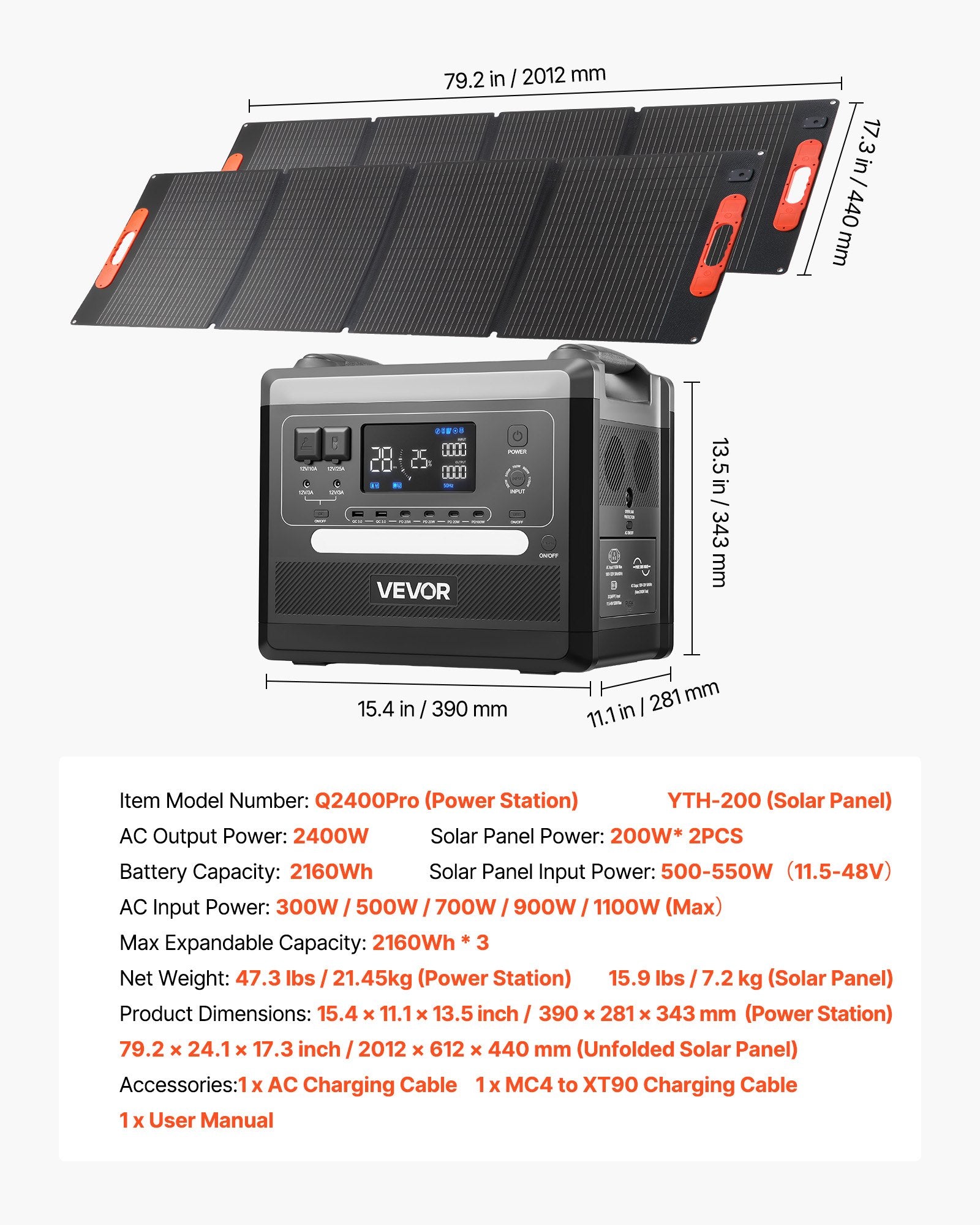Nešiojama įkrovimo stotelė VEVOR 2400W, 2160Wh