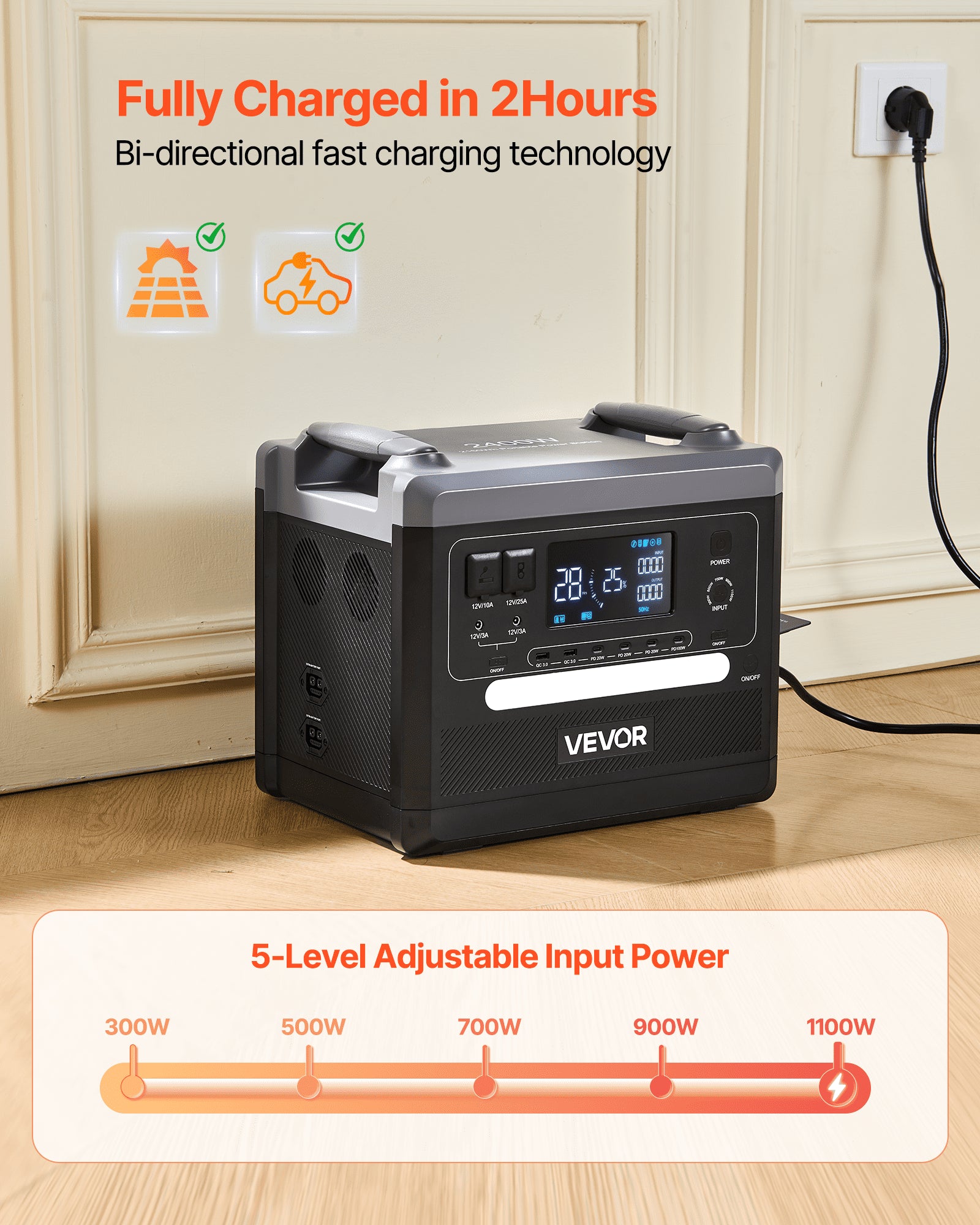 Nešiojama įkrovimo stotelė VEVOR Q2400Pro, 2400W 2160Wh