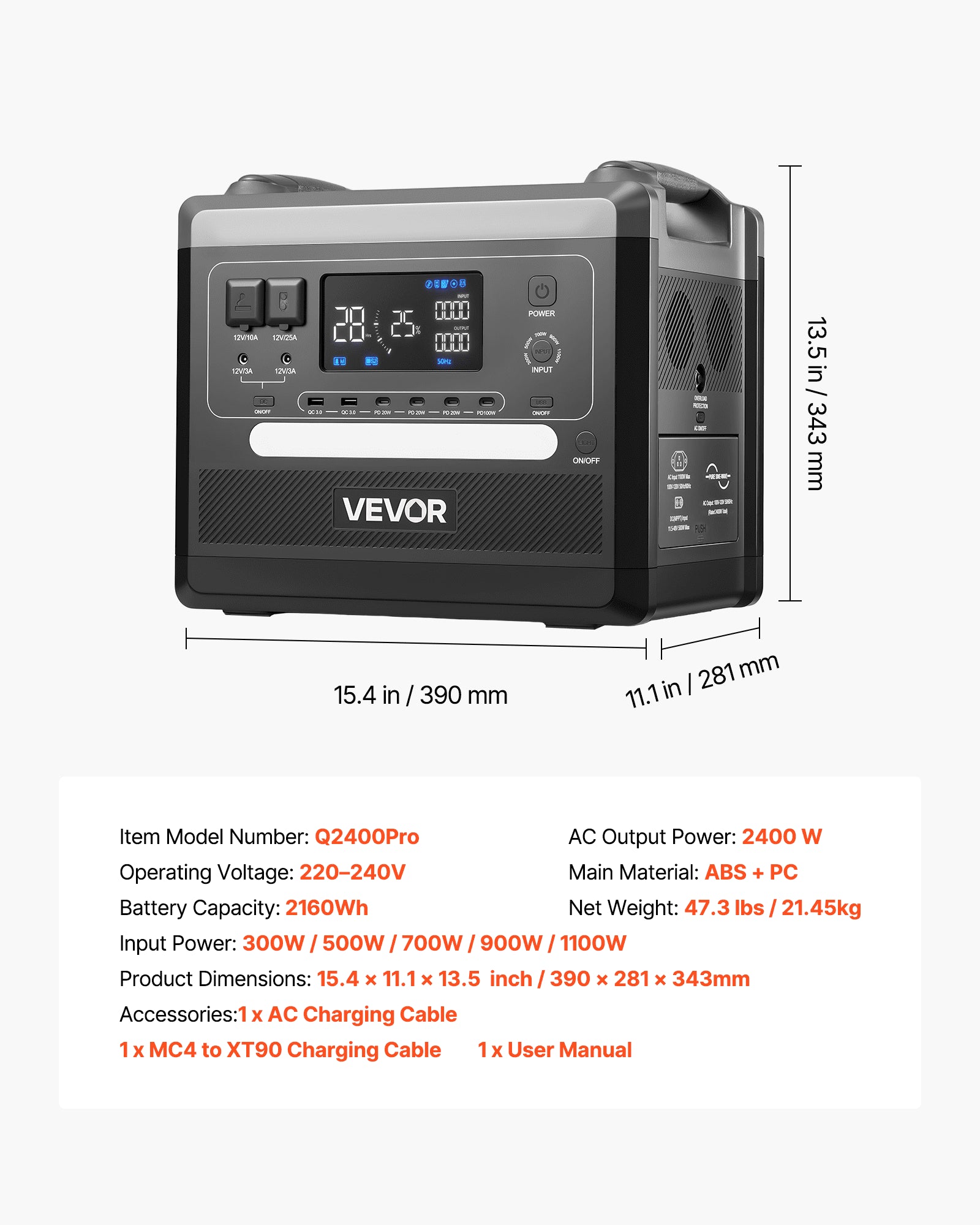 Nešiojama įkrovimo stotelė VEVOR Q2400Pro, 2400W 2160Wh