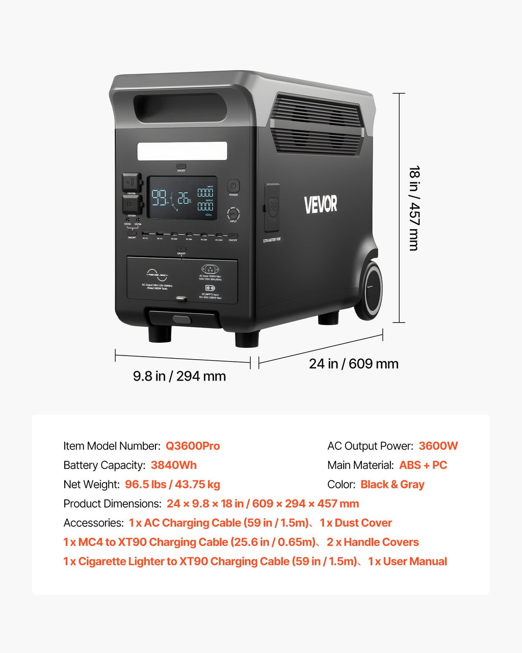 Nešiojama įkrovimo stotelė VEVOR Q3600Pro, 3600W