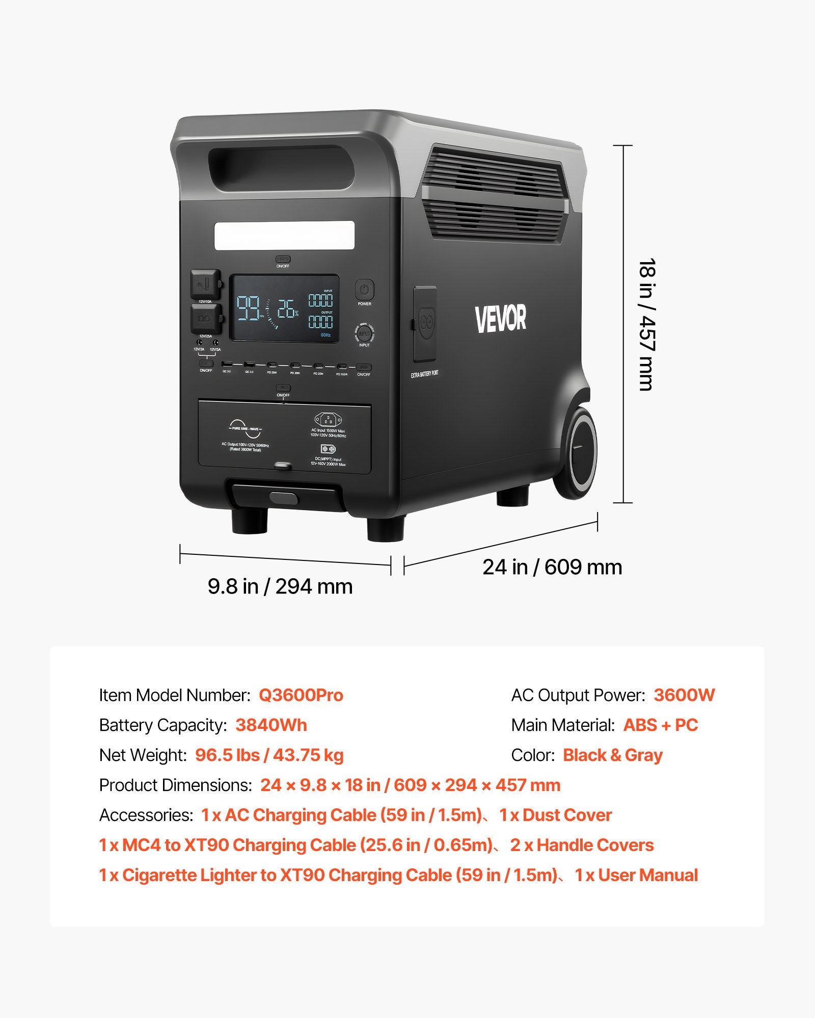 Nešiojama įkrovimo stotelė VEVOR Q3600Pro, 3600W