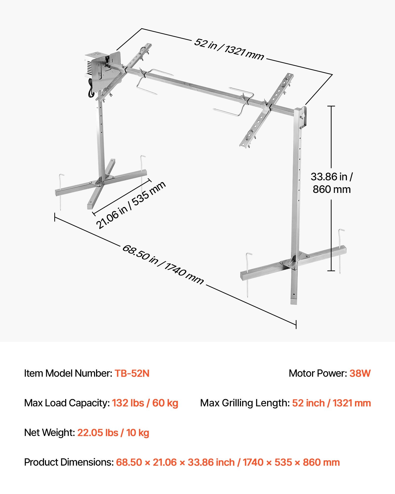 Elektrinis kepsninės iešmas VEVOR TB-52N, 60 kg apkrova