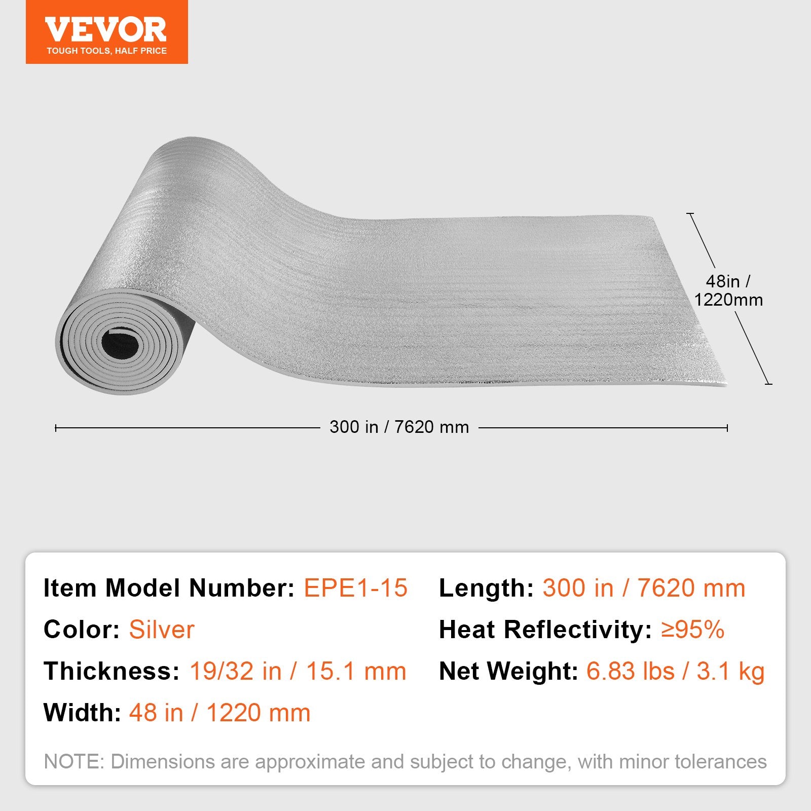 Šilumos izoliacijos rulonas VEVOR EPE13-3, 1220 mm x 7,6 m