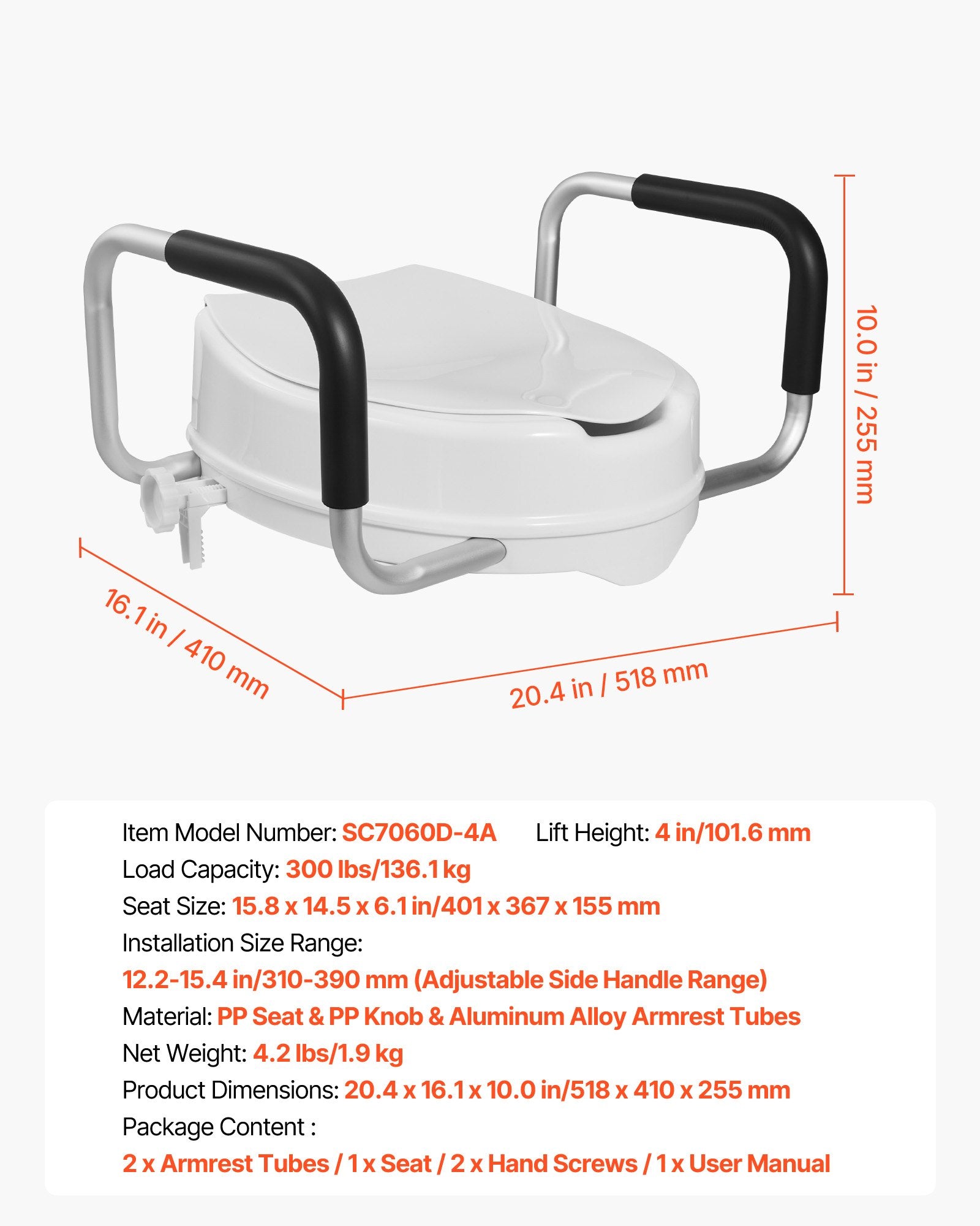 Paaukštinta tualeto sėdynė VEVOR SC7060D-4A, 101,6 mm aukščio