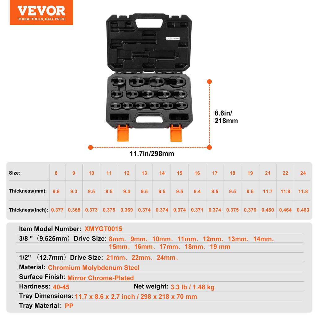 Atvirų galvučių raktų rinkinys VEVOR XMYGT0015, 15 dalių, 8-24 mm
