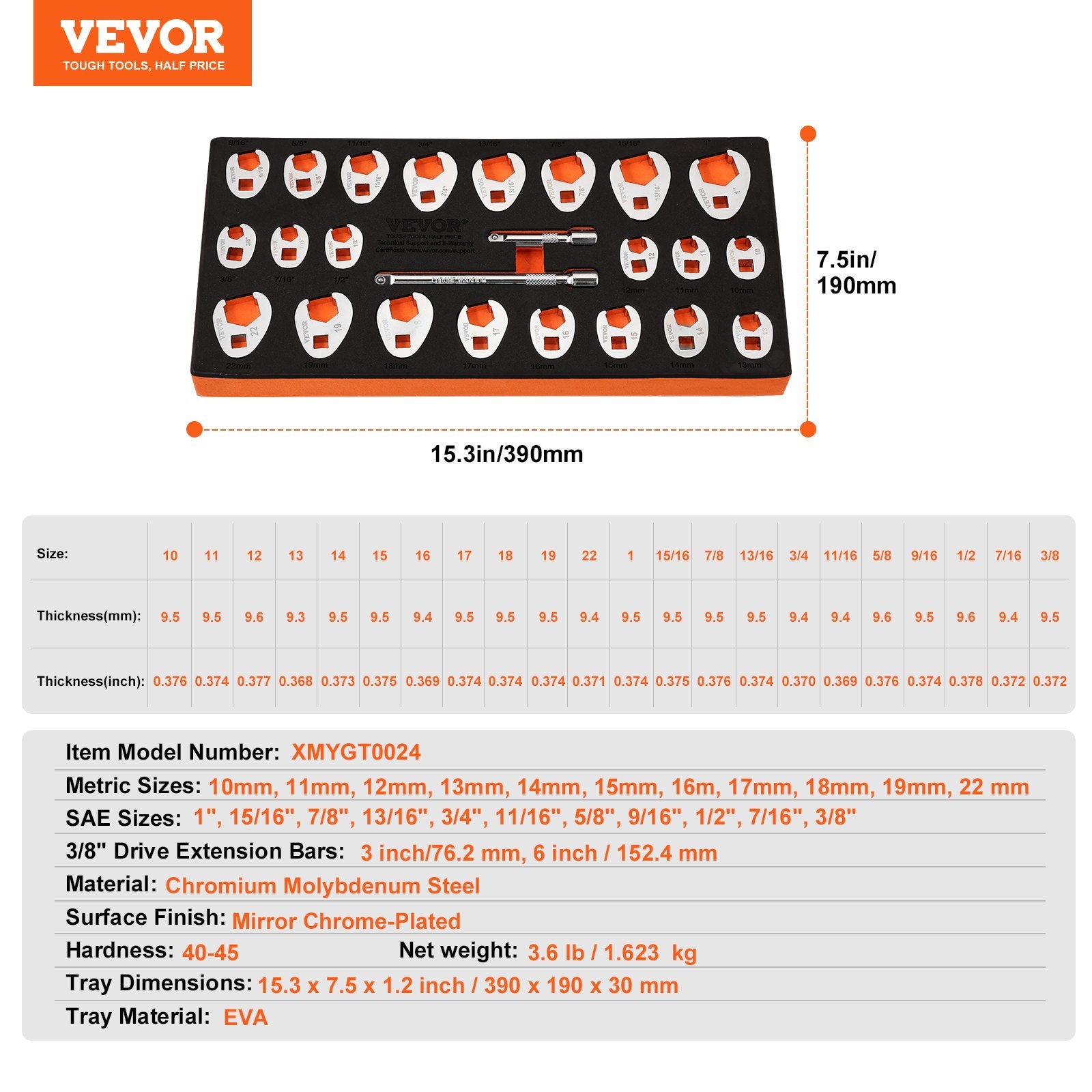 Atvirų galvučių raktų rinkinys VEVOR XMYGT0024, 24 dalių, 3/8" jungtis