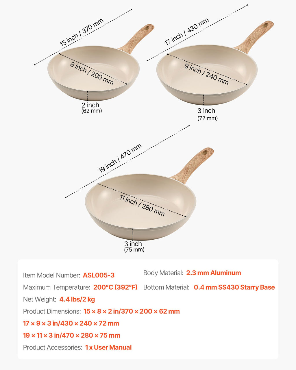 Keptuvių rinkinys VEVOR ASL005-3, 3 vnt. (20, 24, 28 cm)