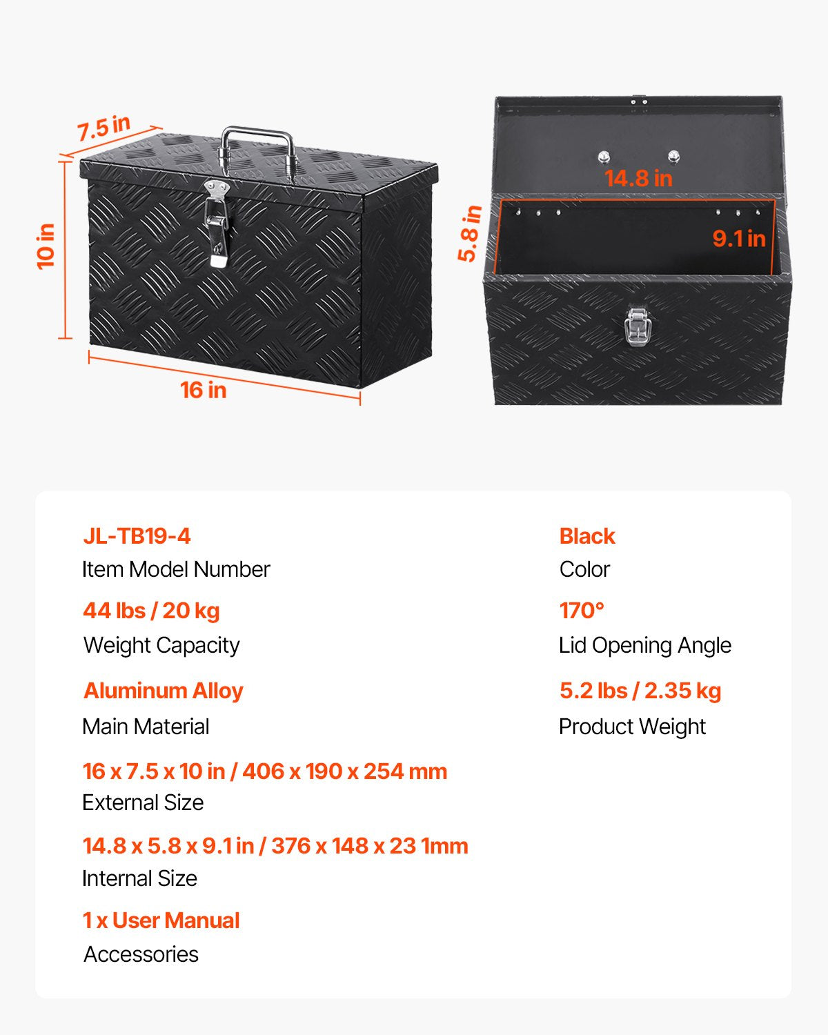 Įrankių dėžė pikapams VEVOR JL-TB19-4, 406x190x254 mm