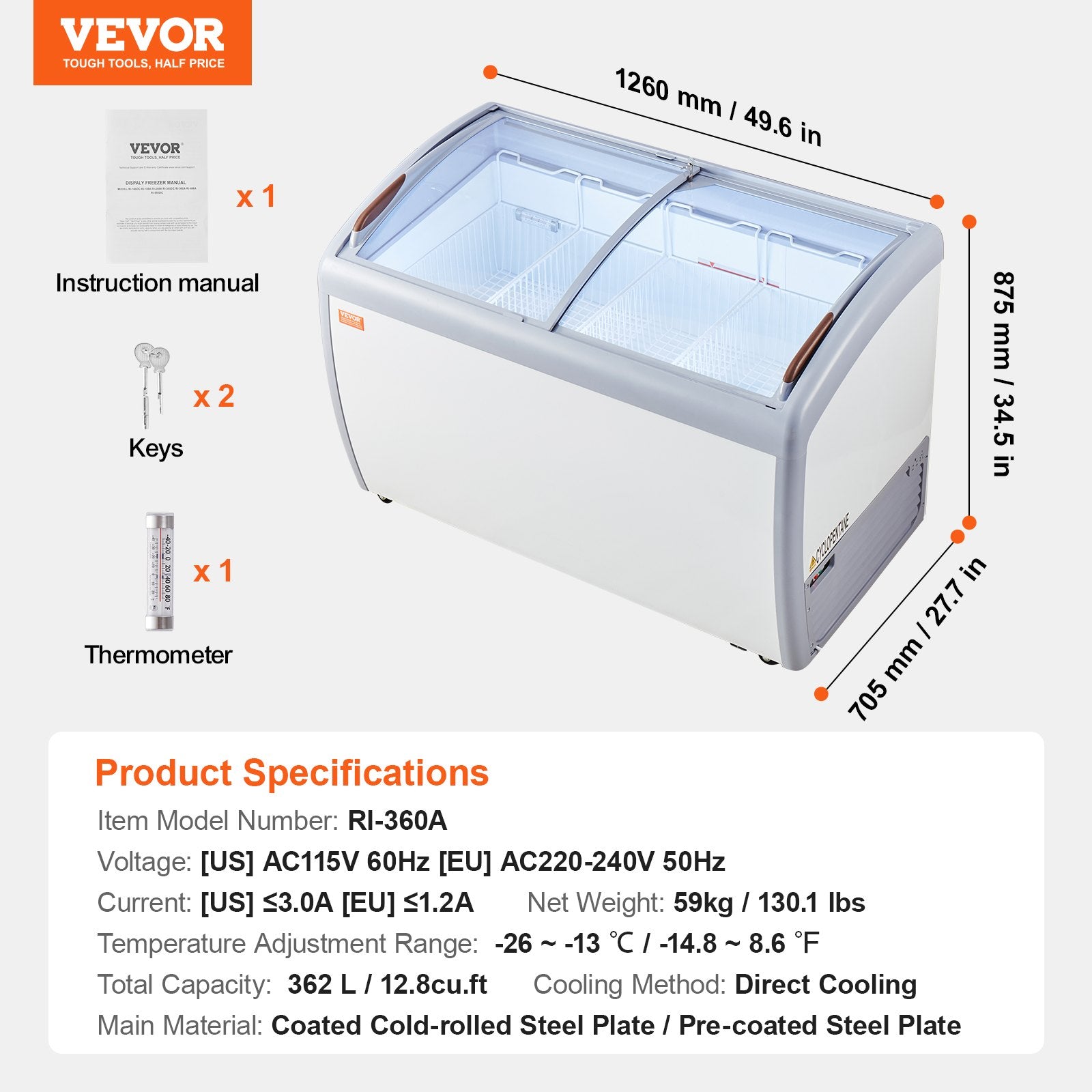 Pramoninė ledų vitrina VEVOR RI-360A, 362 l