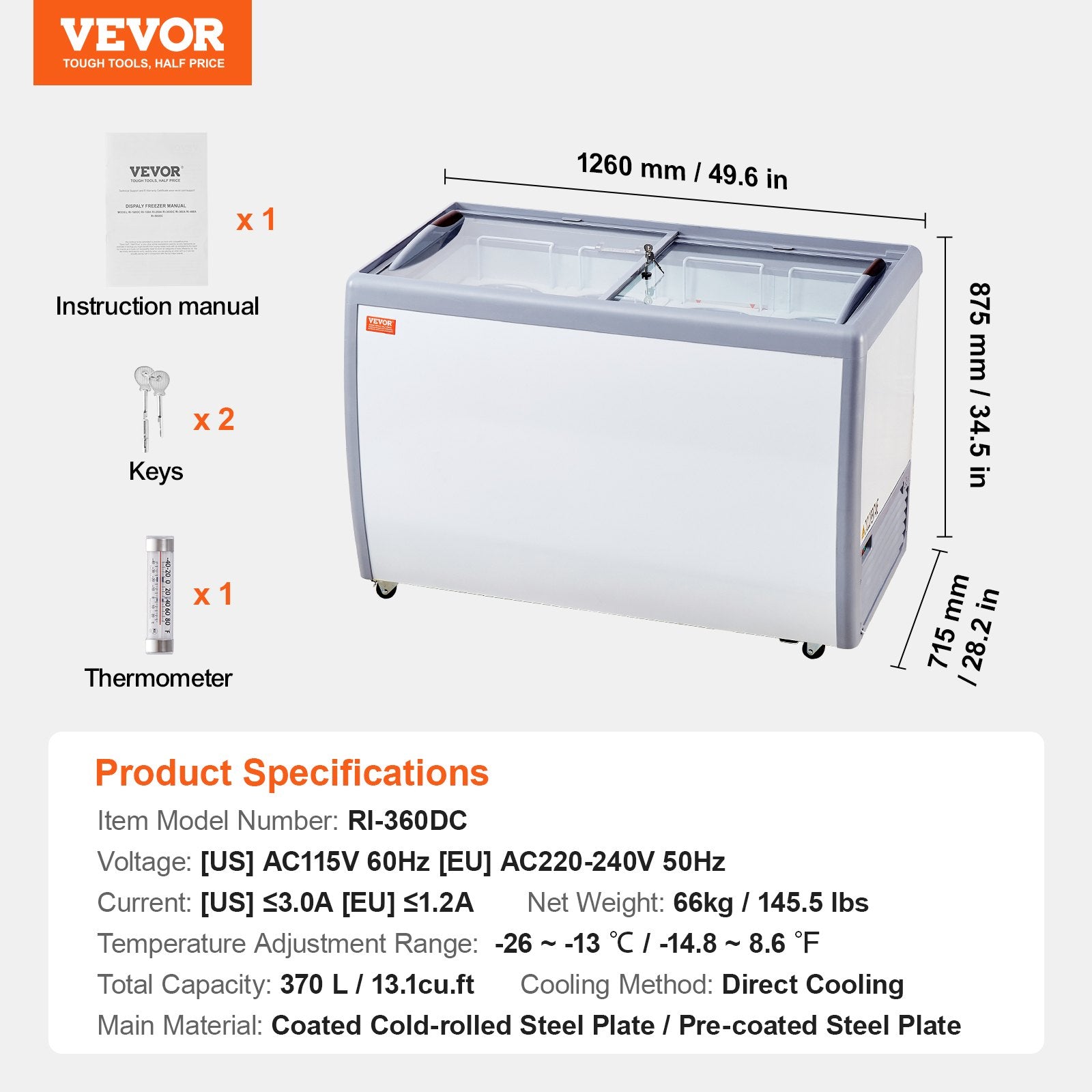 Ledų vitrina VEVOR RI-360DC, 370 l