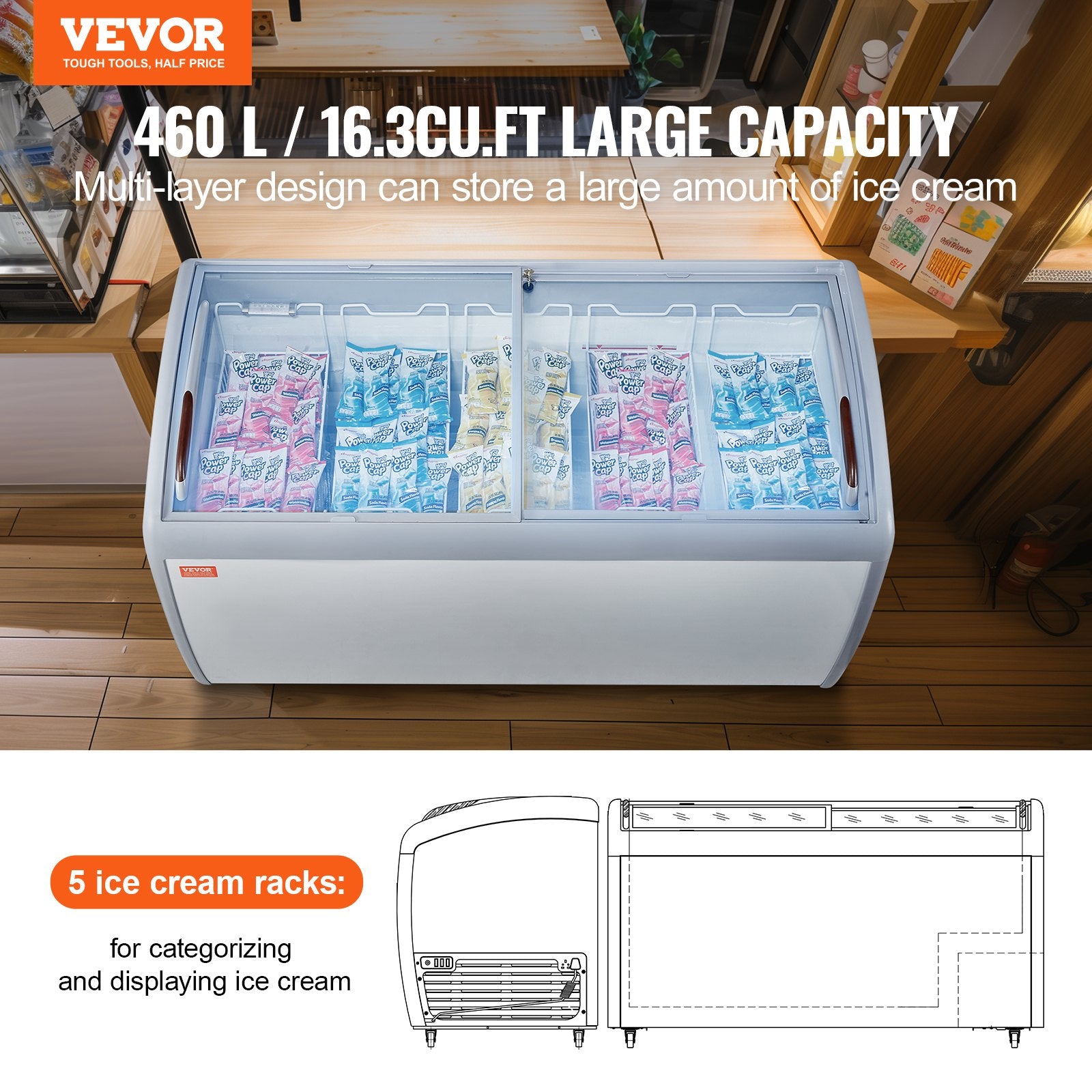 Ledų vitrina-šaldiklis VEVOR RI-460A, 460 l