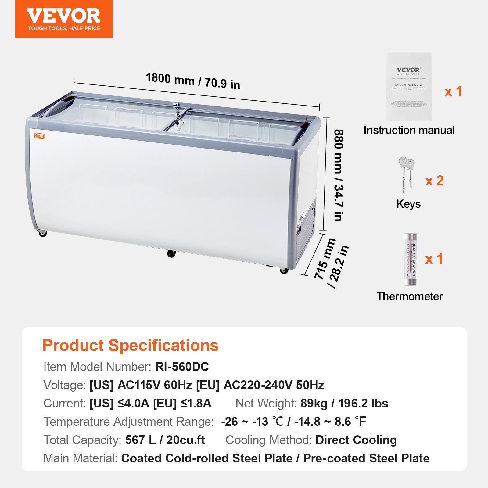 Ledų vitrina-šaldiklis VEVOR RI-560DC, 567 l