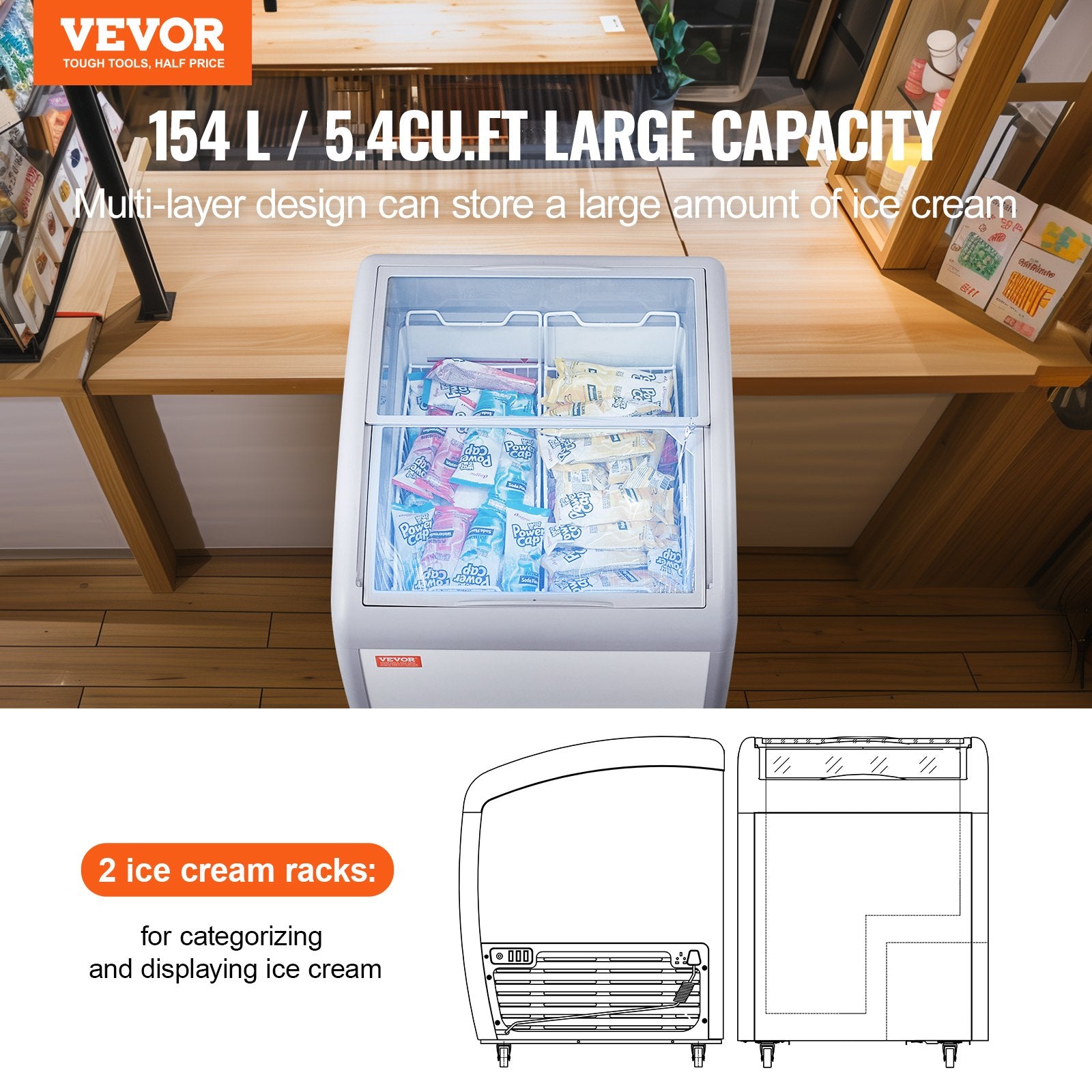 Ledų vitrina-šaldiklis VEVOR RI-160A, 154 l