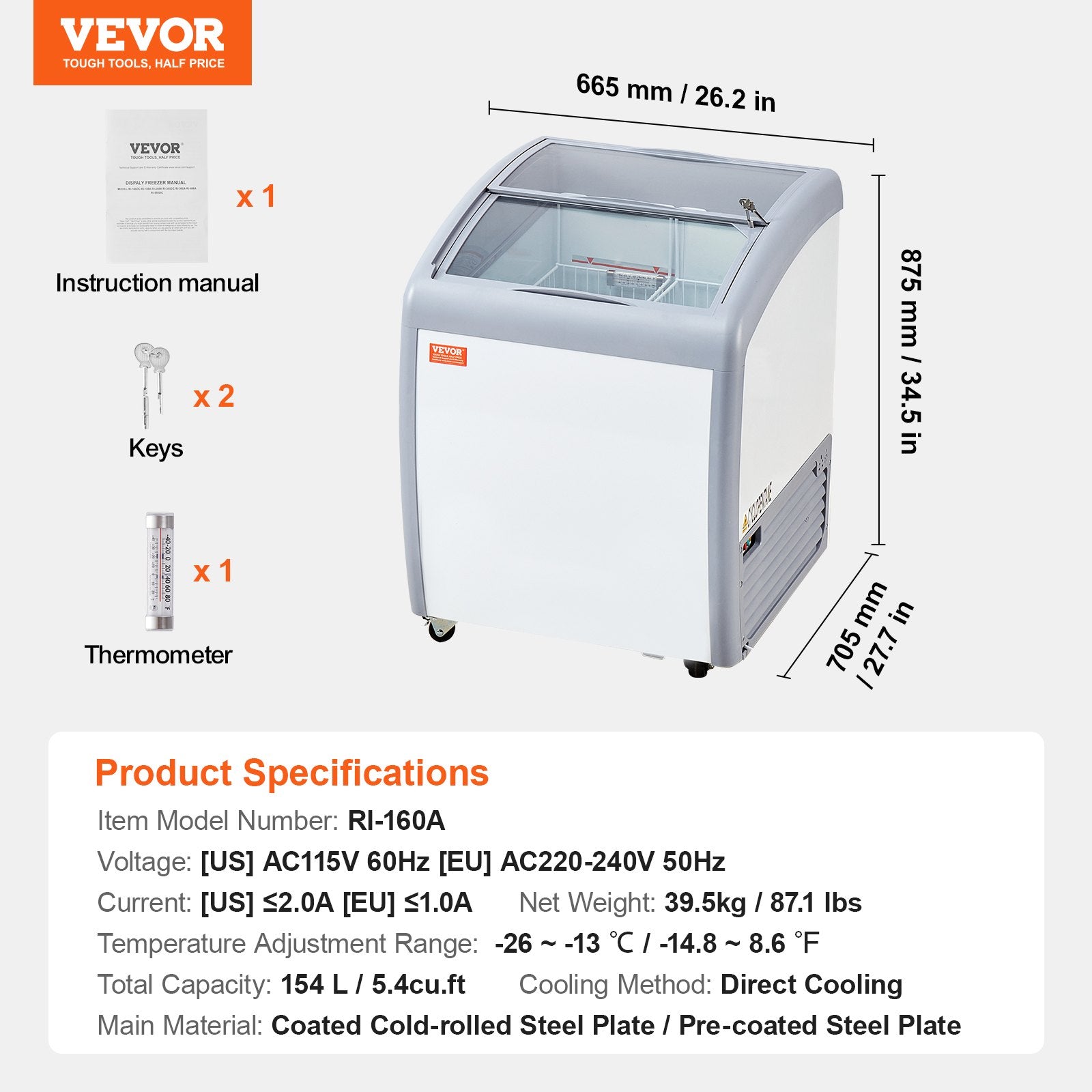 Ledų vitrina-šaldiklis VEVOR RI-160A, 154 l