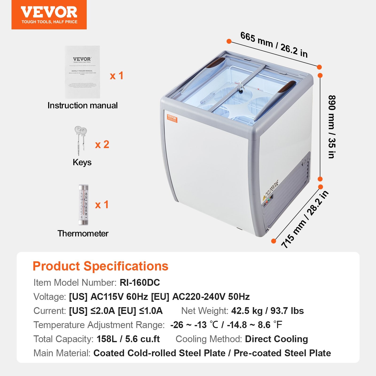 Ledų vitrina-šaldiklis VEVOR RI-160DC, 158 L