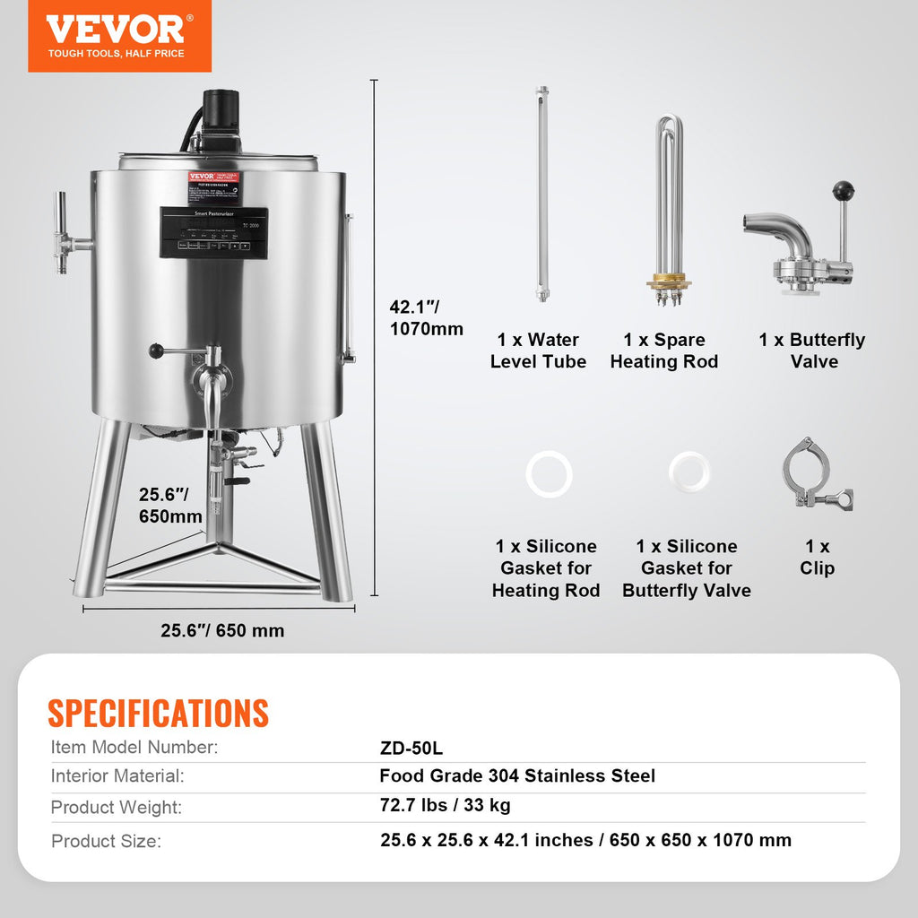 Pieno pasterizatorius VEVOR ZD-50L, 50 l talpa