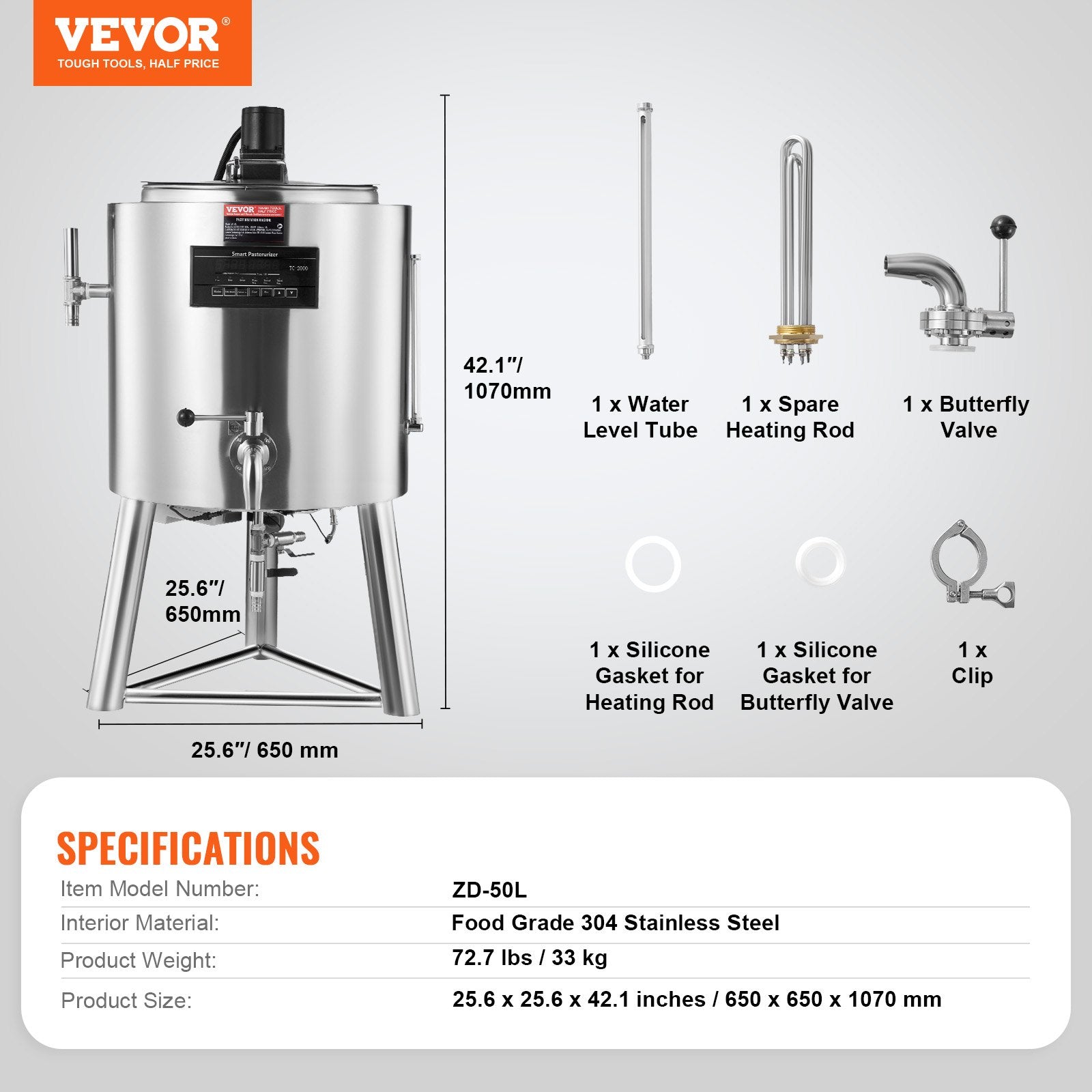 Pieno pasterizatorius VEVOR ZD-50L, 50 l talpa