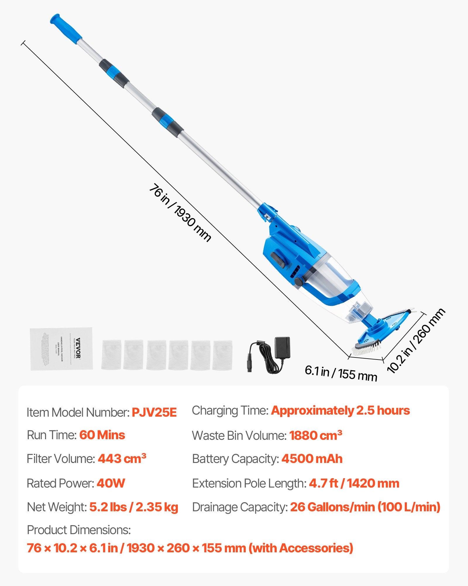 Akumuliatorinis baseino siurblys VEVOR PJV25E, 100 l/min našumas