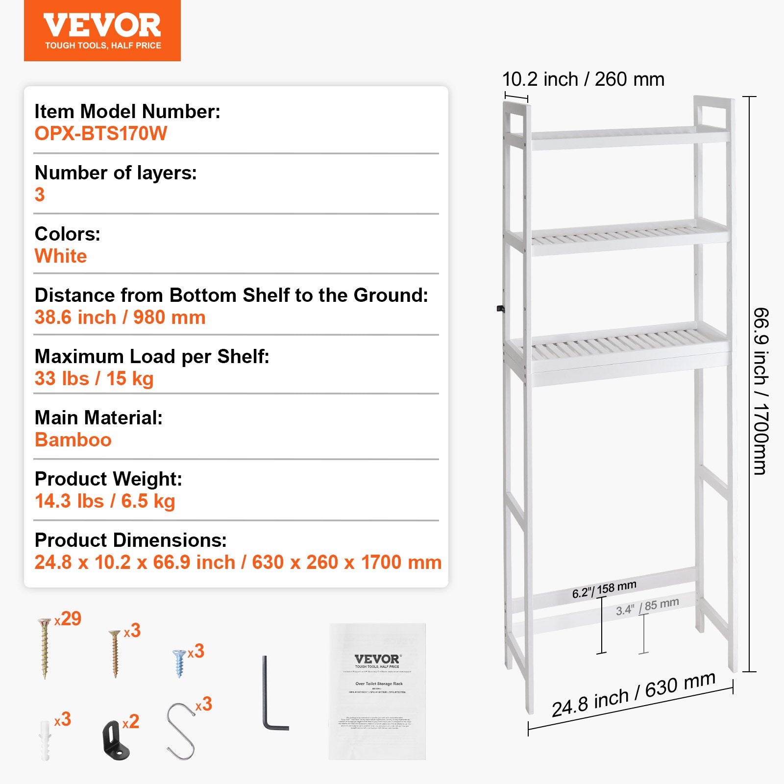 Lentyna virš klozeto VEVOR OPX-BTS170W, 3 aukštų