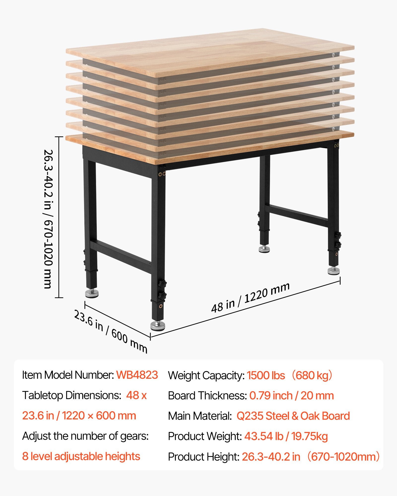 Reguliuojamo aukščio darbastalis VEVOR WB4823, 680 kg keliamoji galia
