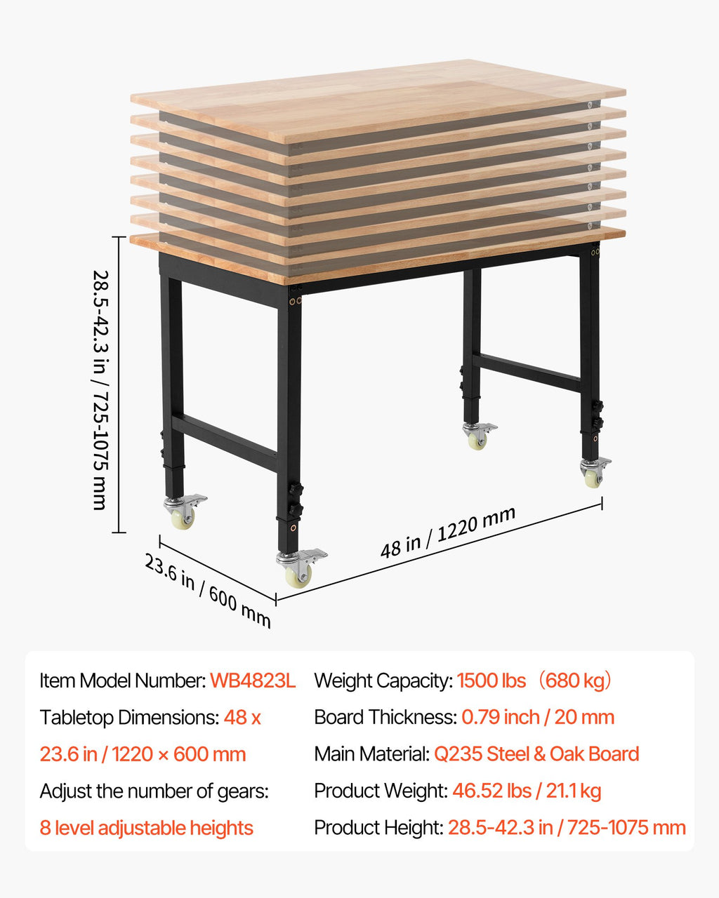 Reguliuojamo aukščio darbastalis VEVOR WB4823L, 680 kg keliamoji galia