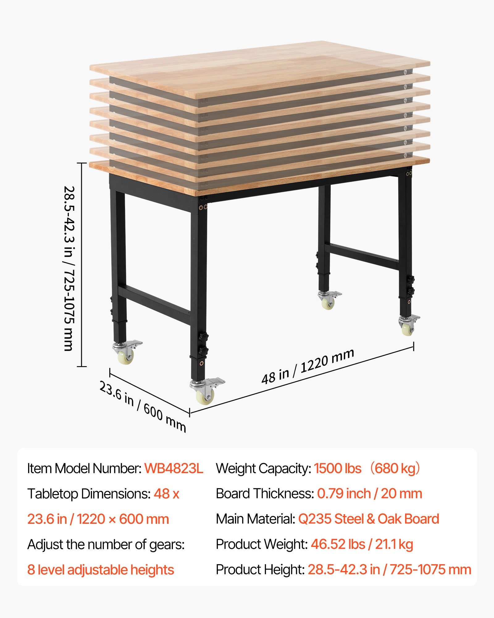 Reguliuojamo aukščio darbastalis VEVOR WB4823L, 680 kg keliamoji galia