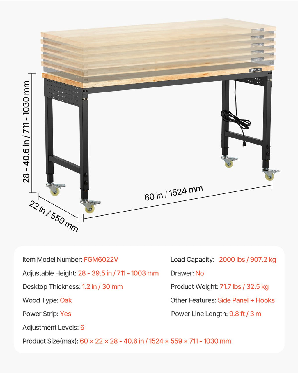 Reguliuojamo aukščio darbastalis VEVOR FGM6022V, 907 kg apkrova
