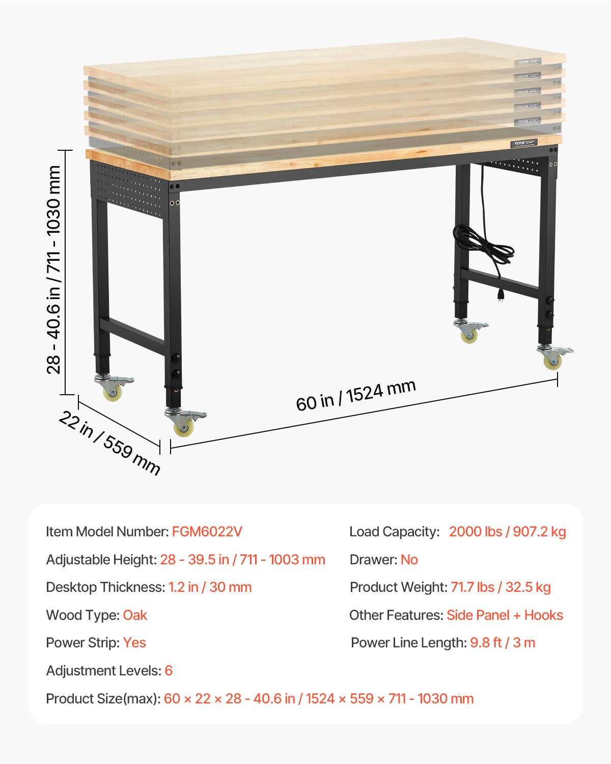 Reguliuojamo aukščio darbastalis VEVOR FGM6022V, 907 kg apkrova