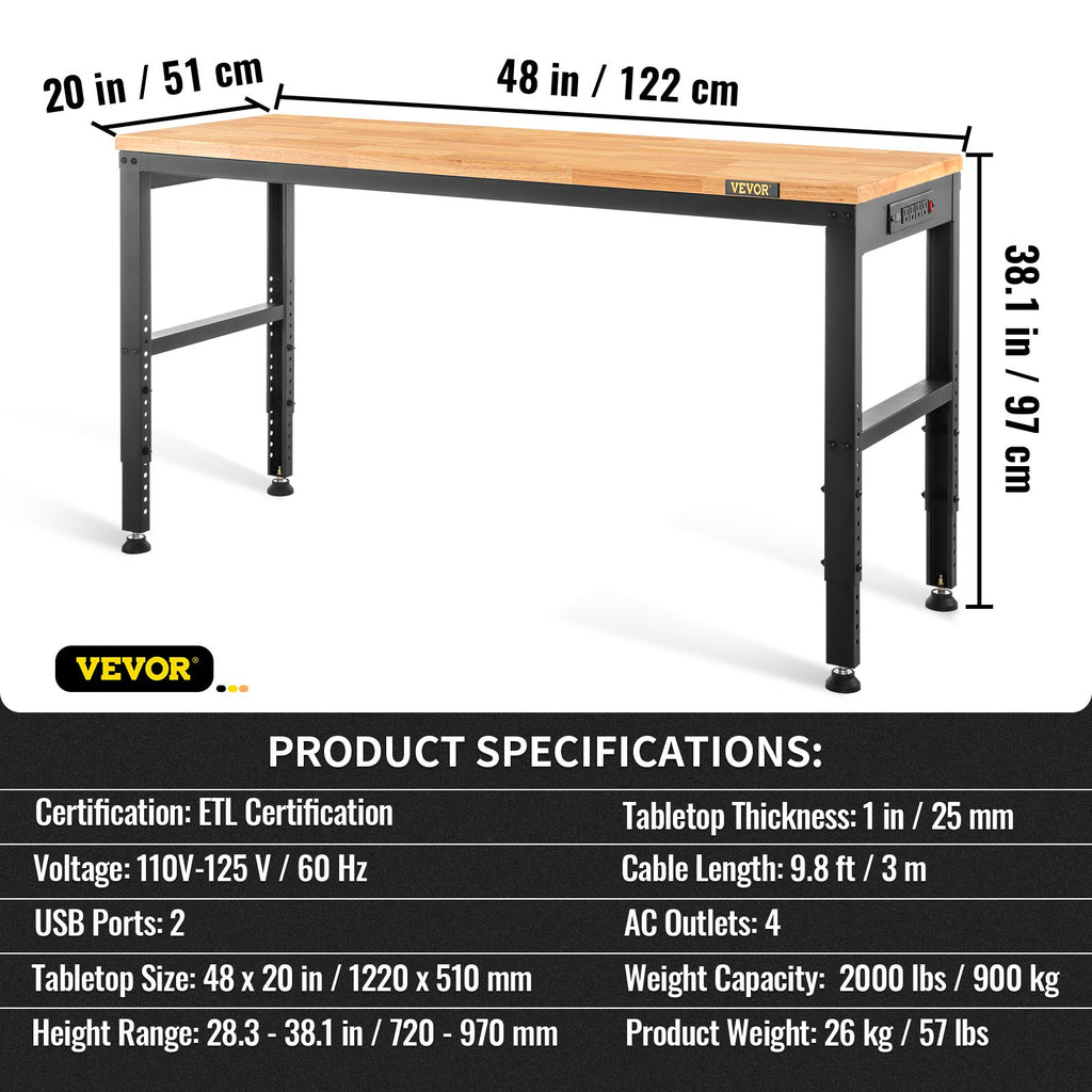 Reguliuojamo aukščio darbastalis VEVOR M4820, 122 x 51 cm