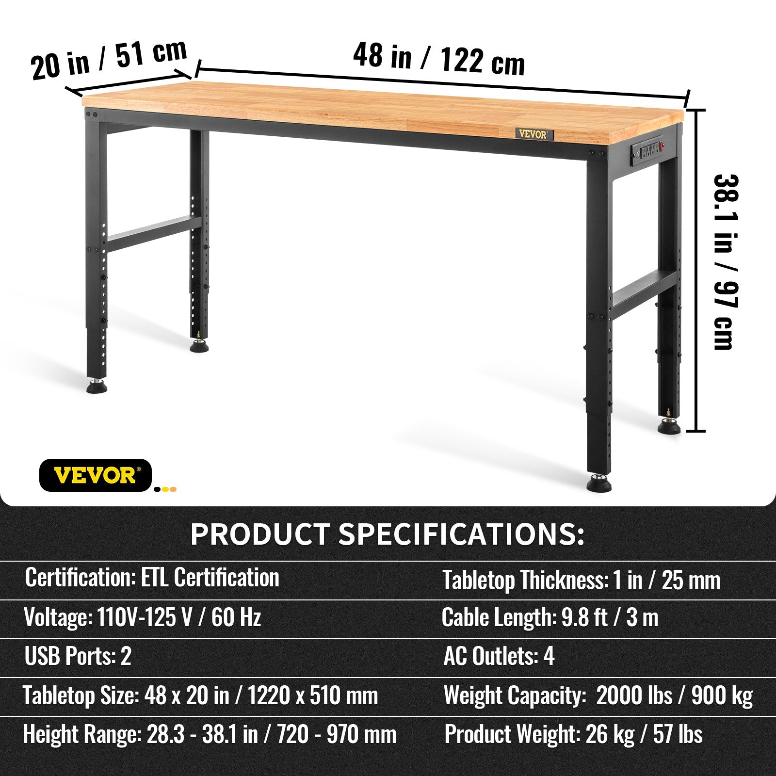 Reguliuojamo aukščio darbastalis VEVOR M4820, 122 x 51 cm