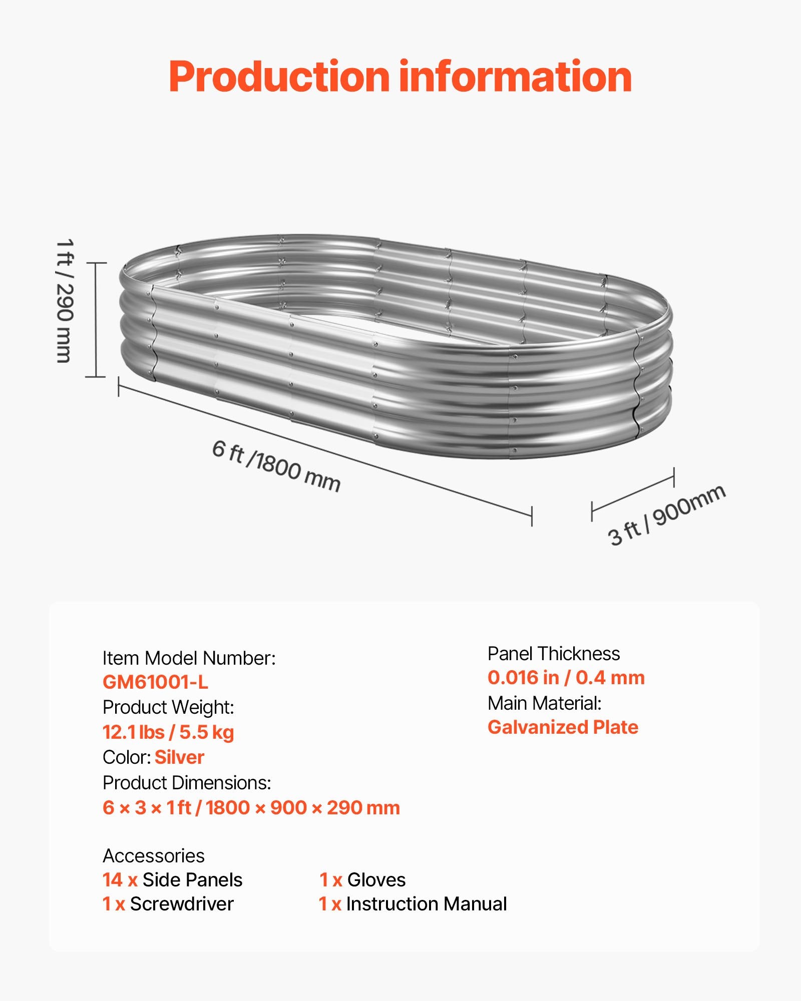 Pakelta lysvė VEVOR GM61001-L, 1,8 x 0,9 x 0,3 m