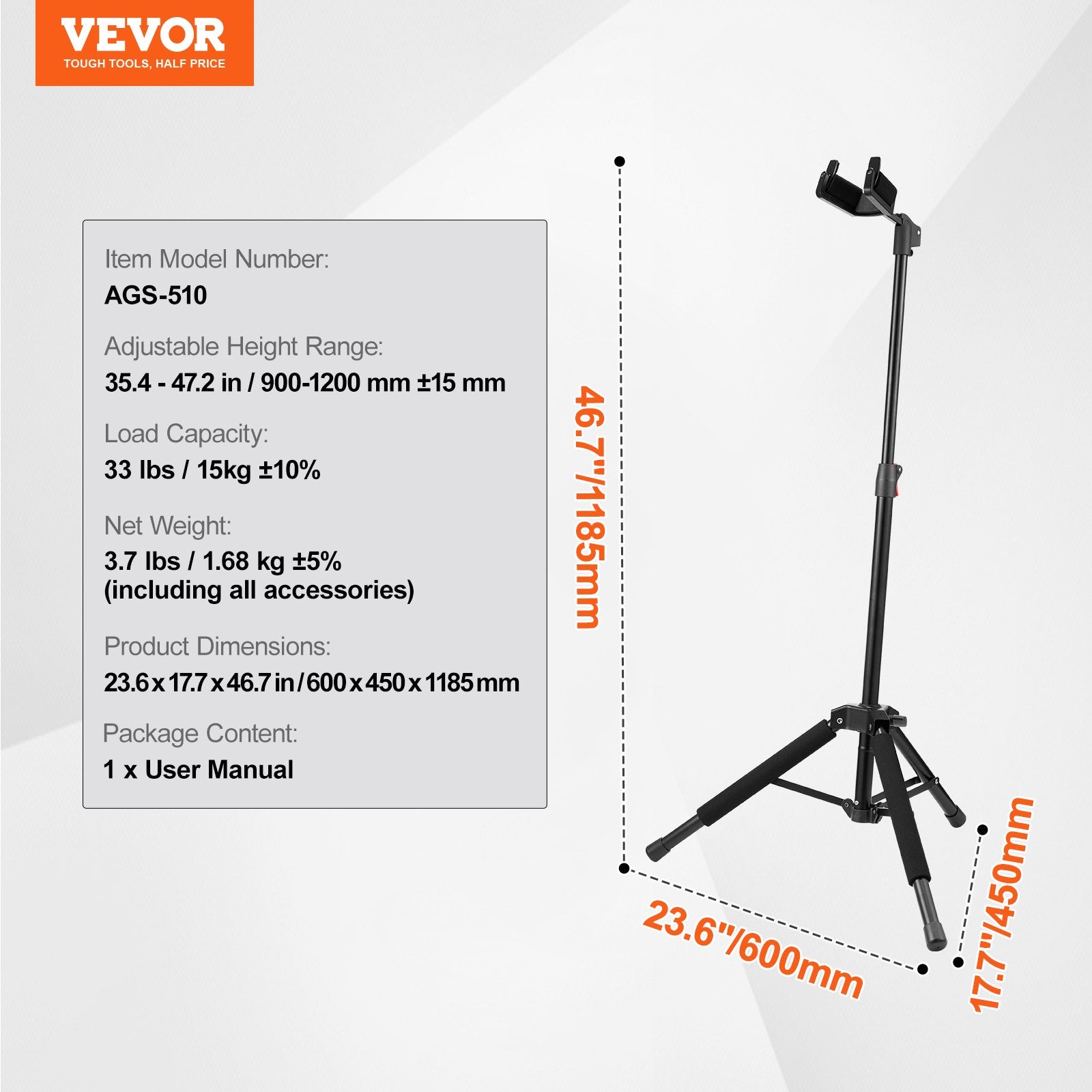 Gitaros stovas VEVOR AGS-510, reguliuojamas aukštis 900–1200 mm