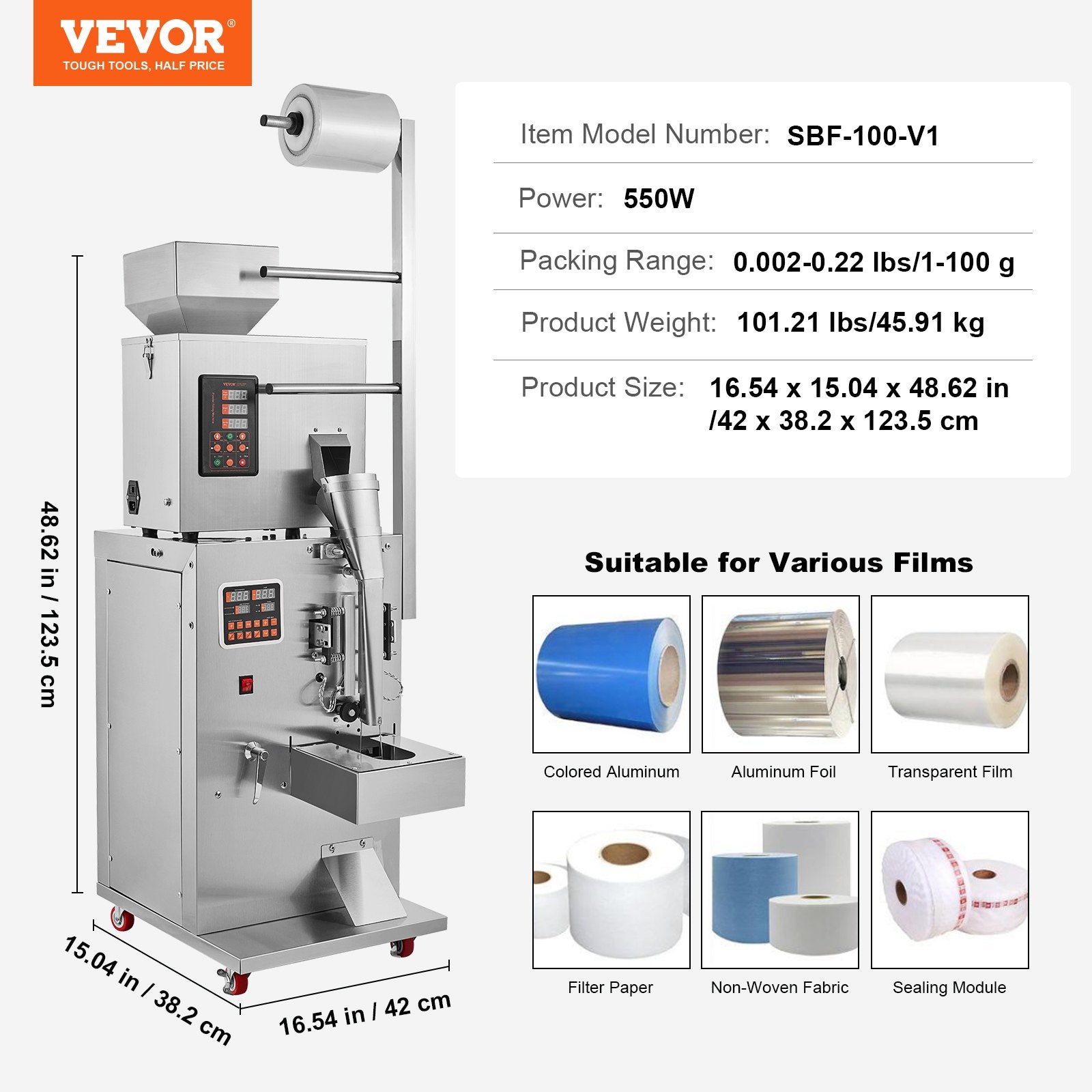 Automatinė birių produktų pakavimo mašina VEVOR SBF-100-V2, 1–100 g