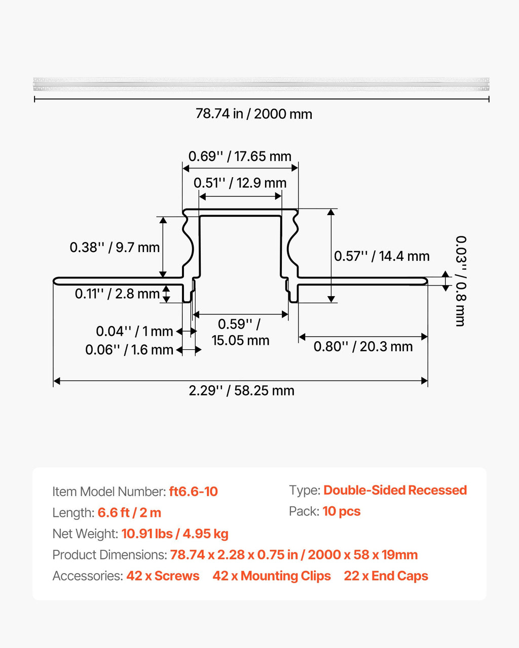Įleidžiamas LED profilis gipso kartonui VEVOR ft6.6-10, 10 vnt. po 2 m