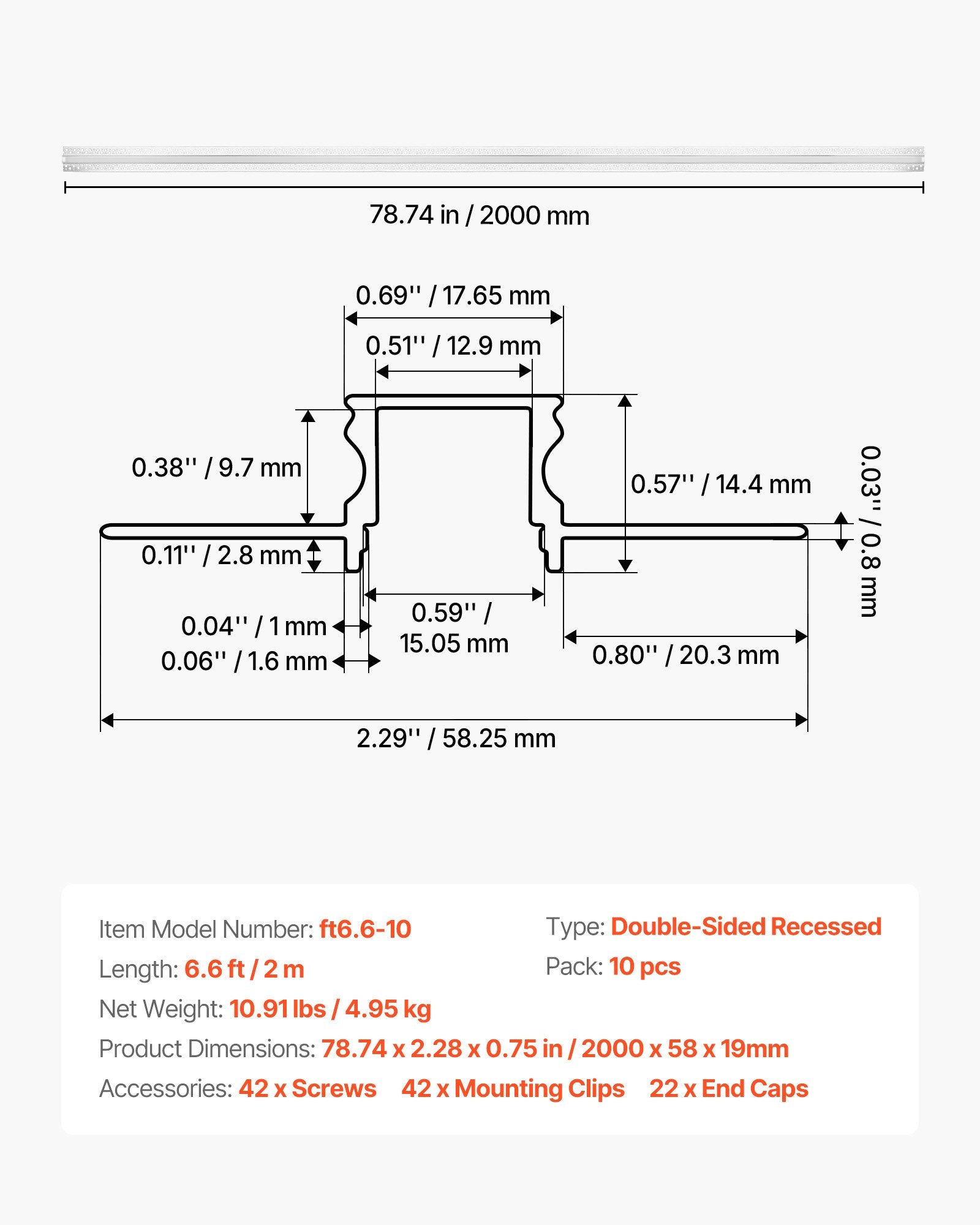 Įleidžiamas LED profilis gipso kartonui VEVOR ft6.6-10, 10 vnt. po 2 m