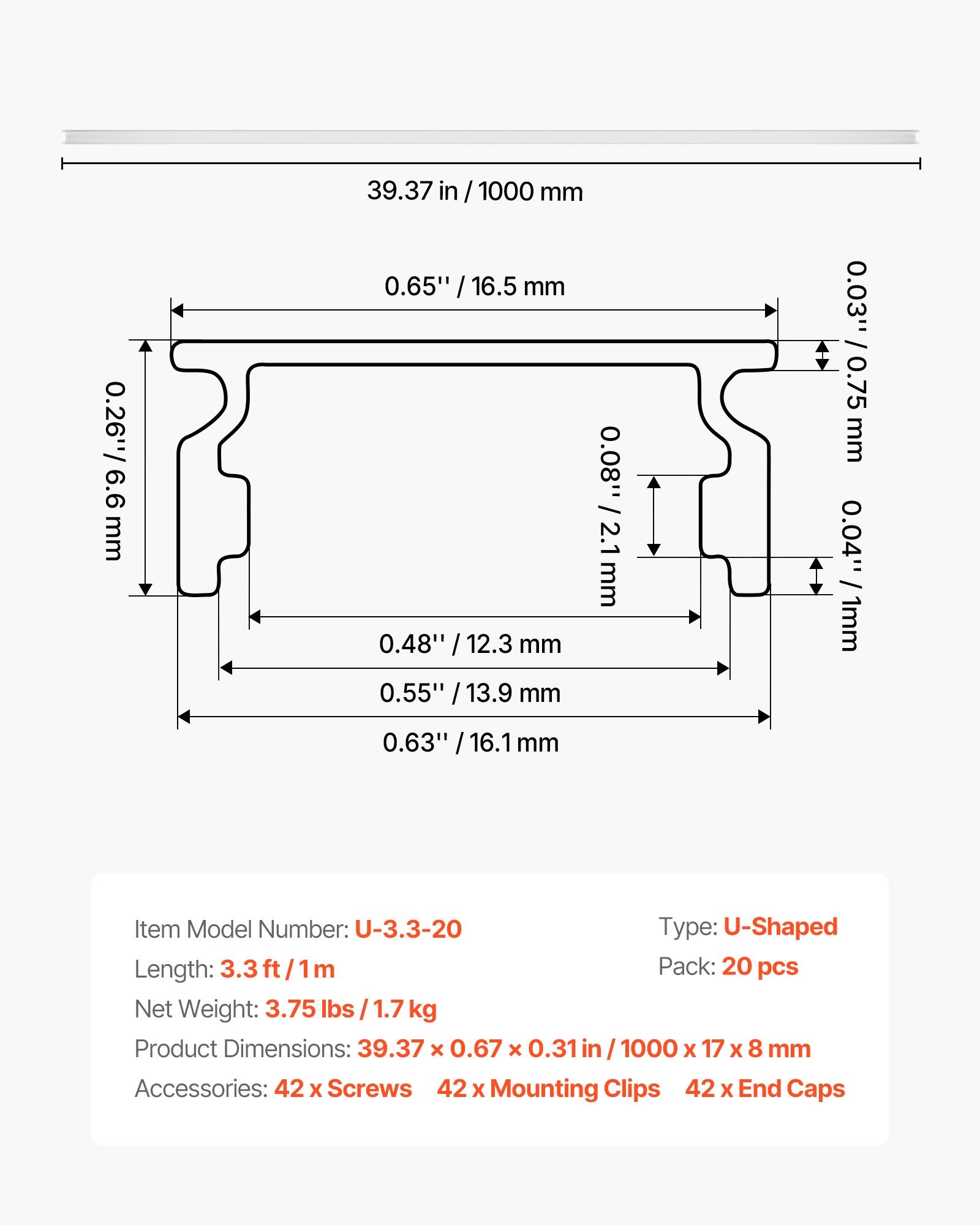 LED juostų profilių rinkinys VEVOR U-3.3-20, 20 vnt. po 1 m, U formos