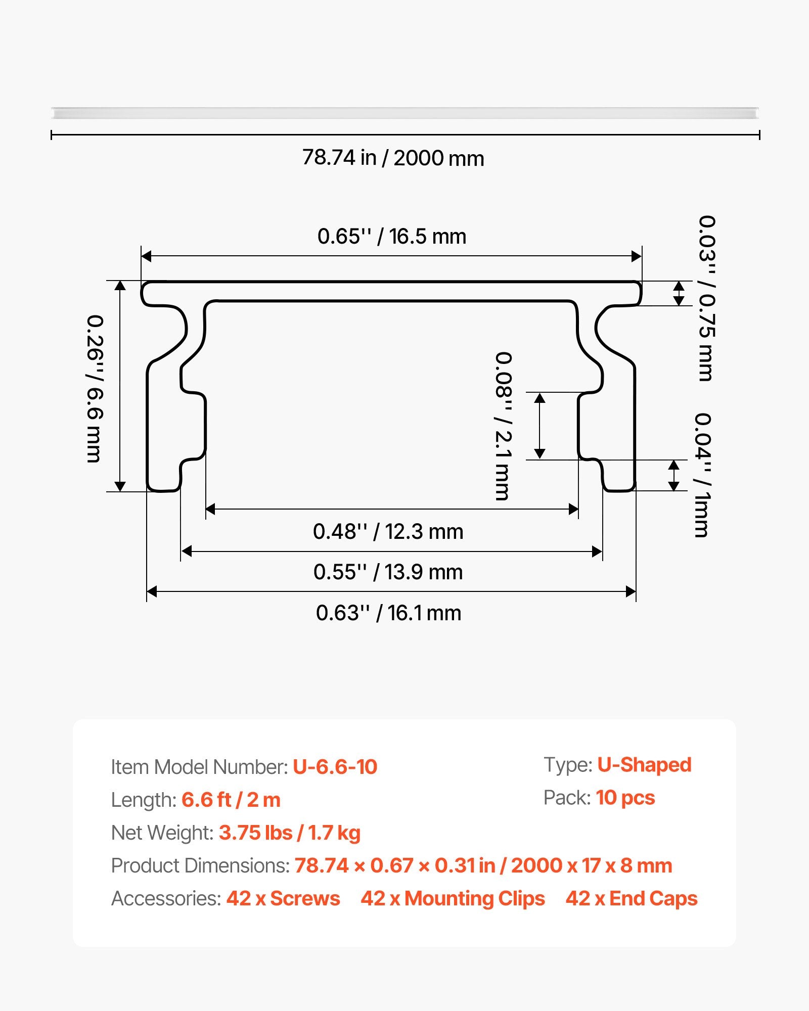 LED profilis VEVOR U-6.6-10, U formos, 2 m ilgio, 10 vnt.