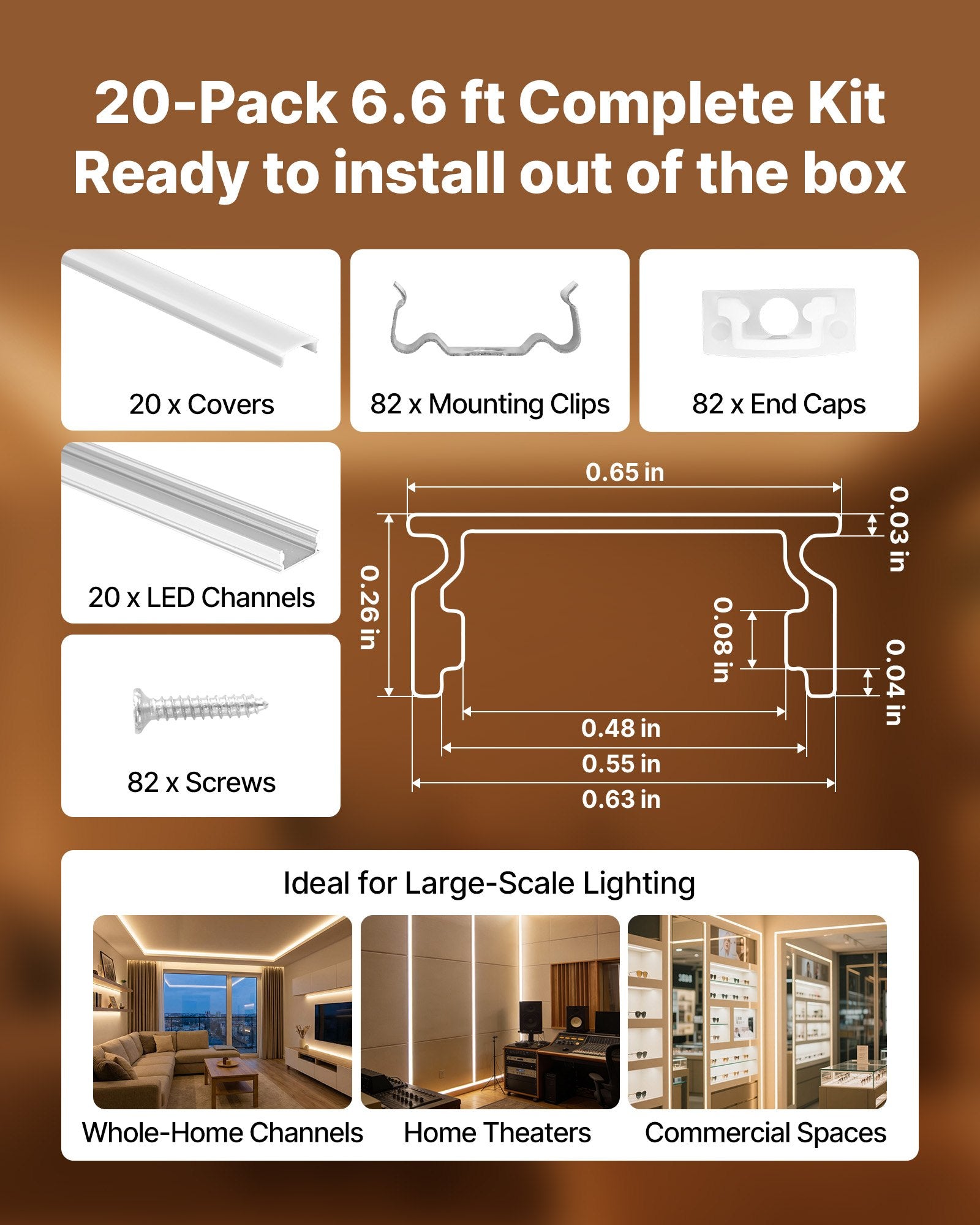 LED profilių rinkinys VEVOR U-6.6-20, 20 vnt. po 2 m
