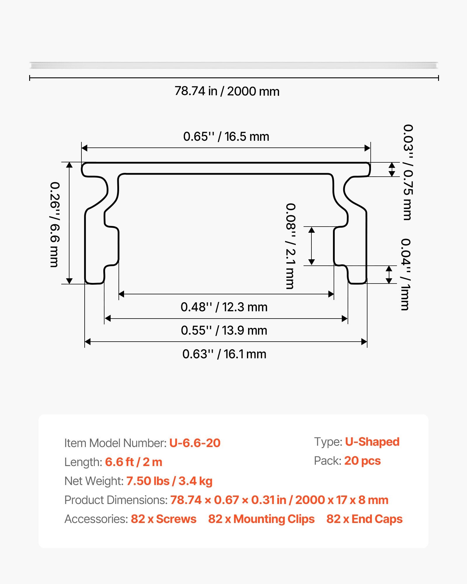 LED profilių rinkinys VEVOR U-6.6-20, 20 vnt. po 2 m