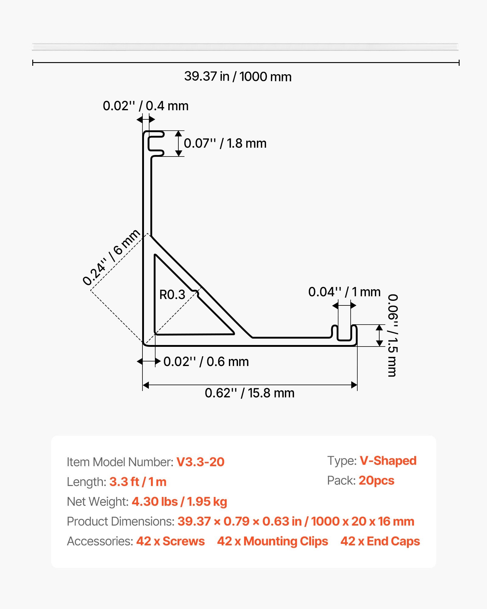 V formos LED profilių rinkinys VEVOR V3.3-20, 20 vnt. po 1 m