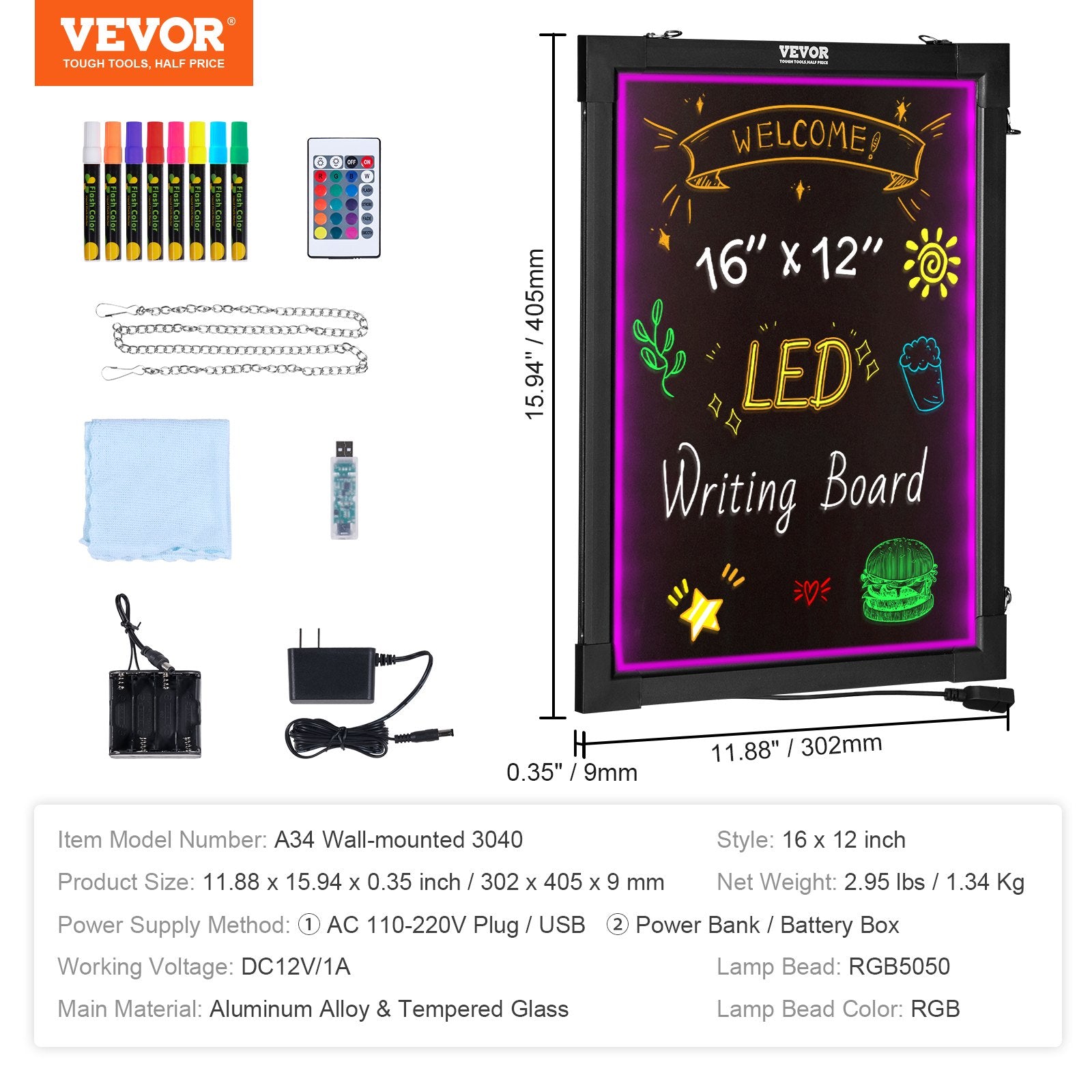 LED rašymo lenta VEVOR A34, 40,6x30,5 cm