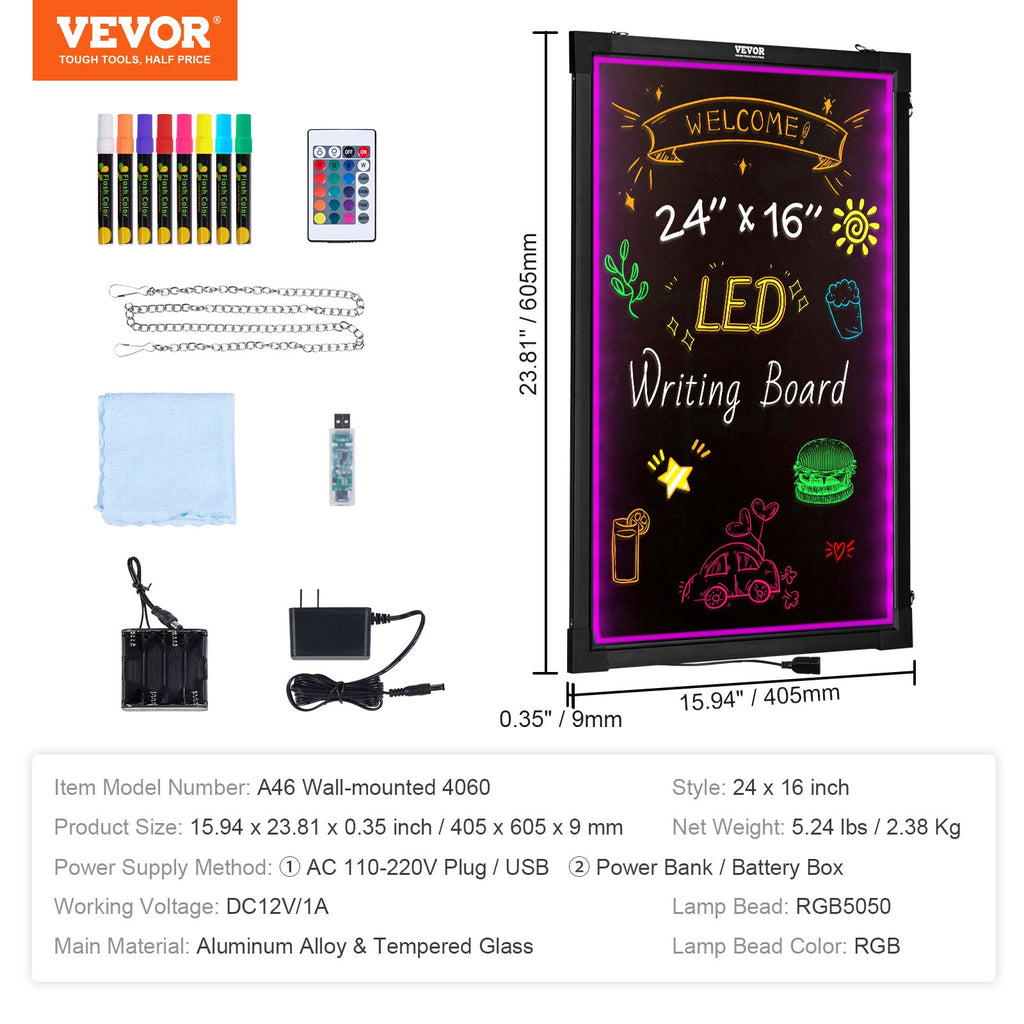 LED rašymo lenta VEVOR A46 Wall Mount 4060, 60x40 cm