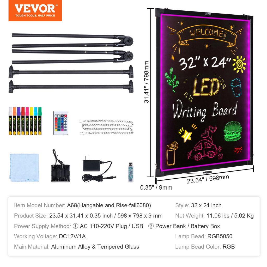 LED rašymo lenta VEVOR A68, 81,3x61 cm