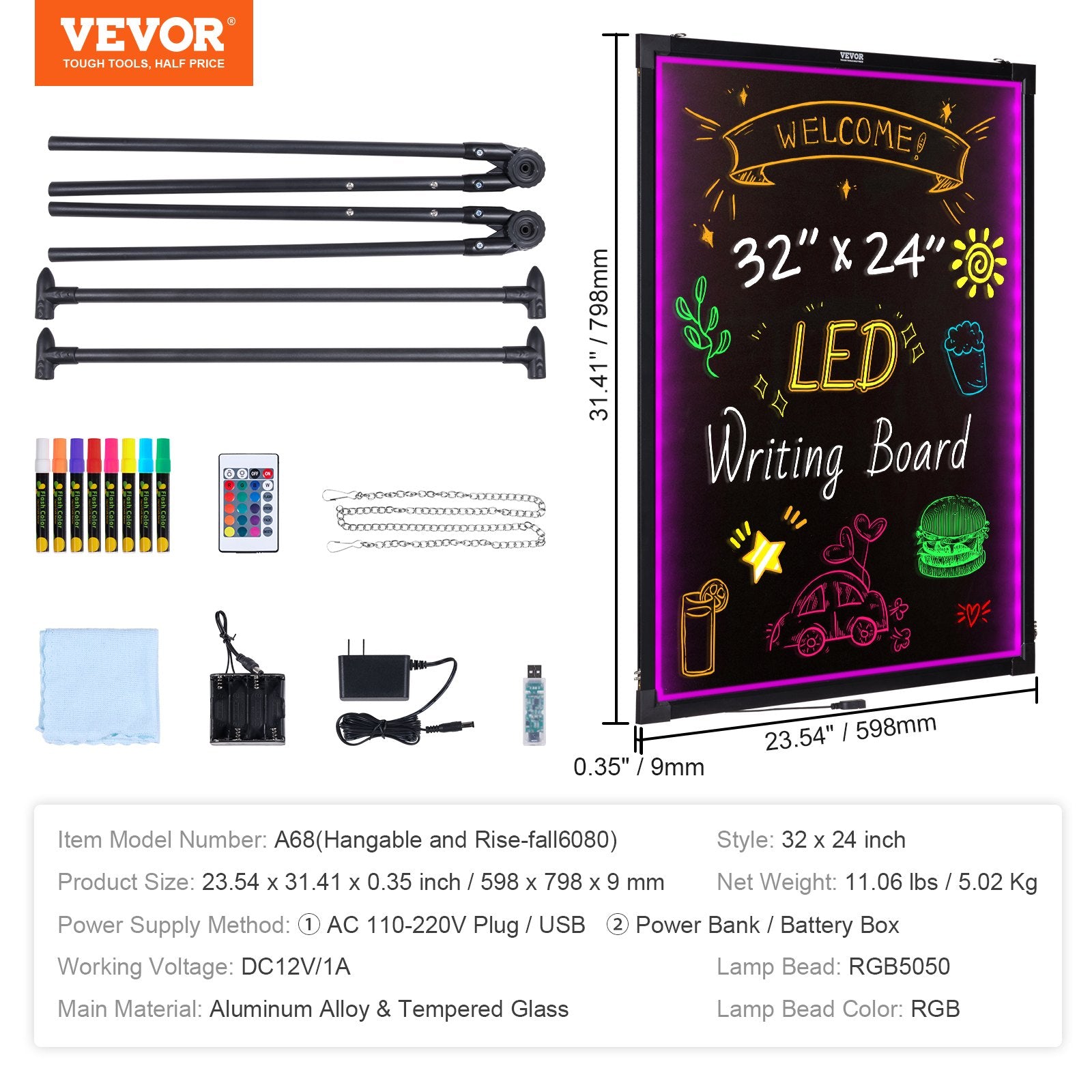 LED rašymo lenta VEVOR A68, 81,3x61 cm