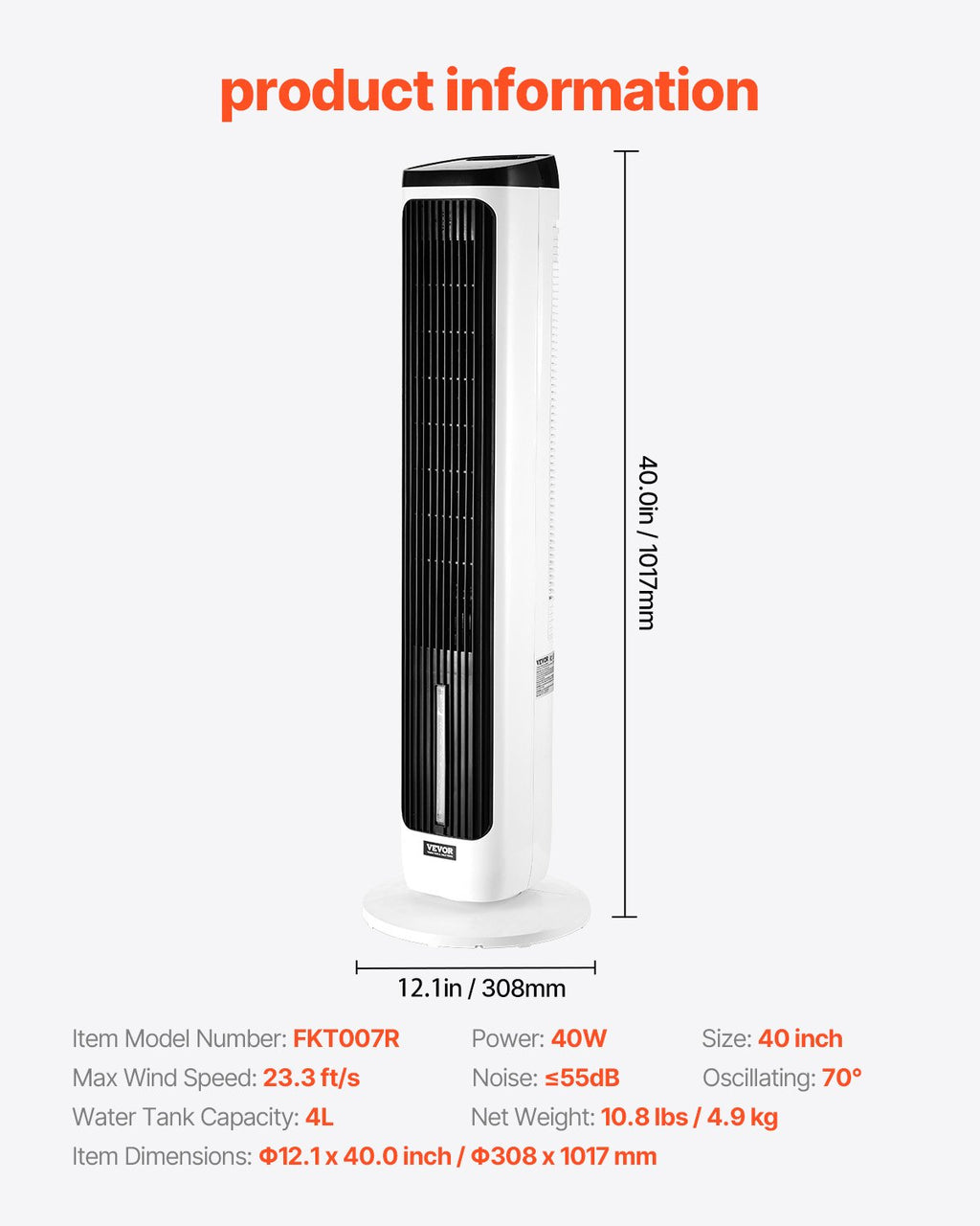 Bokštinis ventiliatorius VEVOR FKT007R, 40W